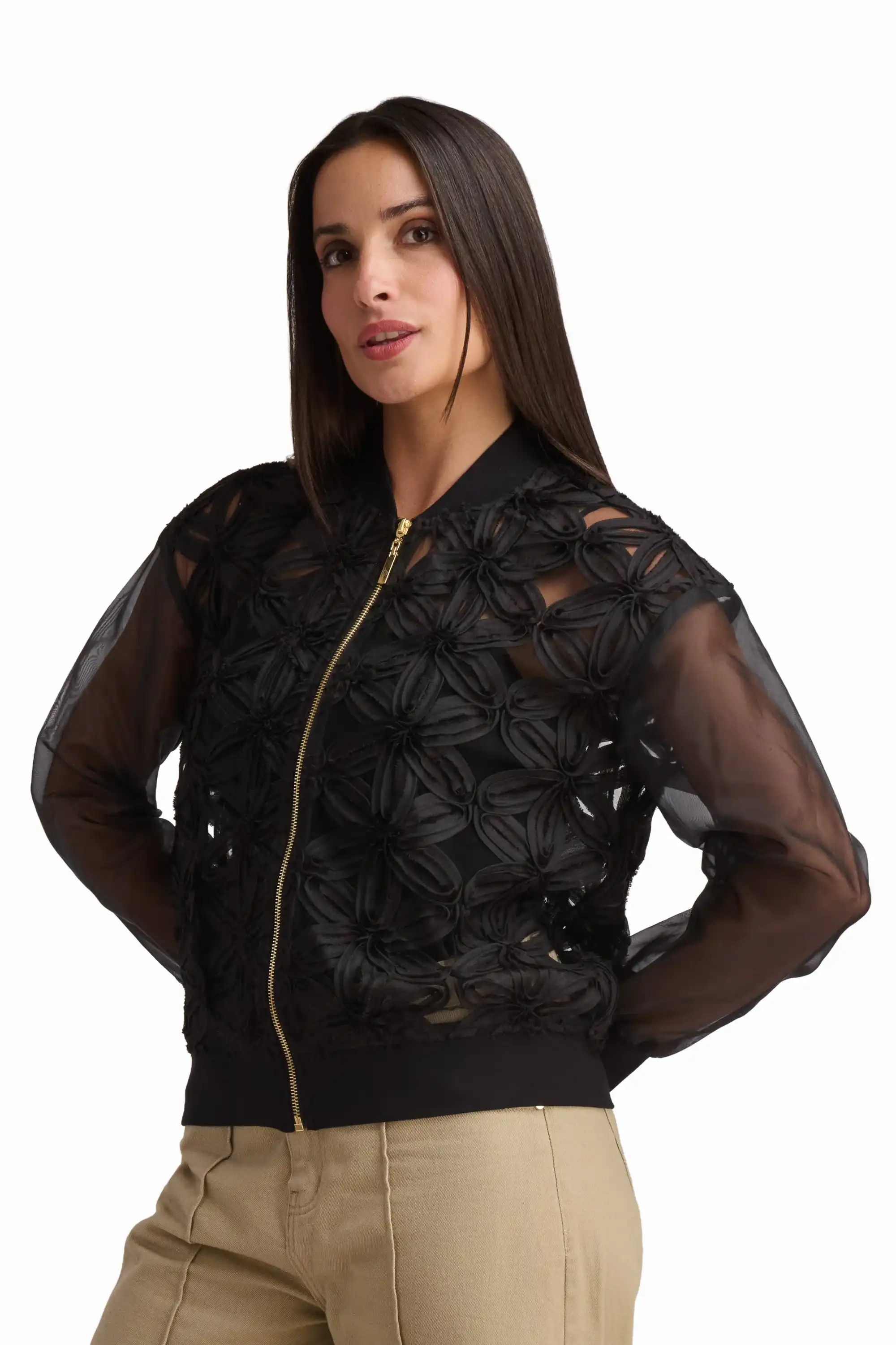 Black Floral Textured Zip Jacket - Image 3