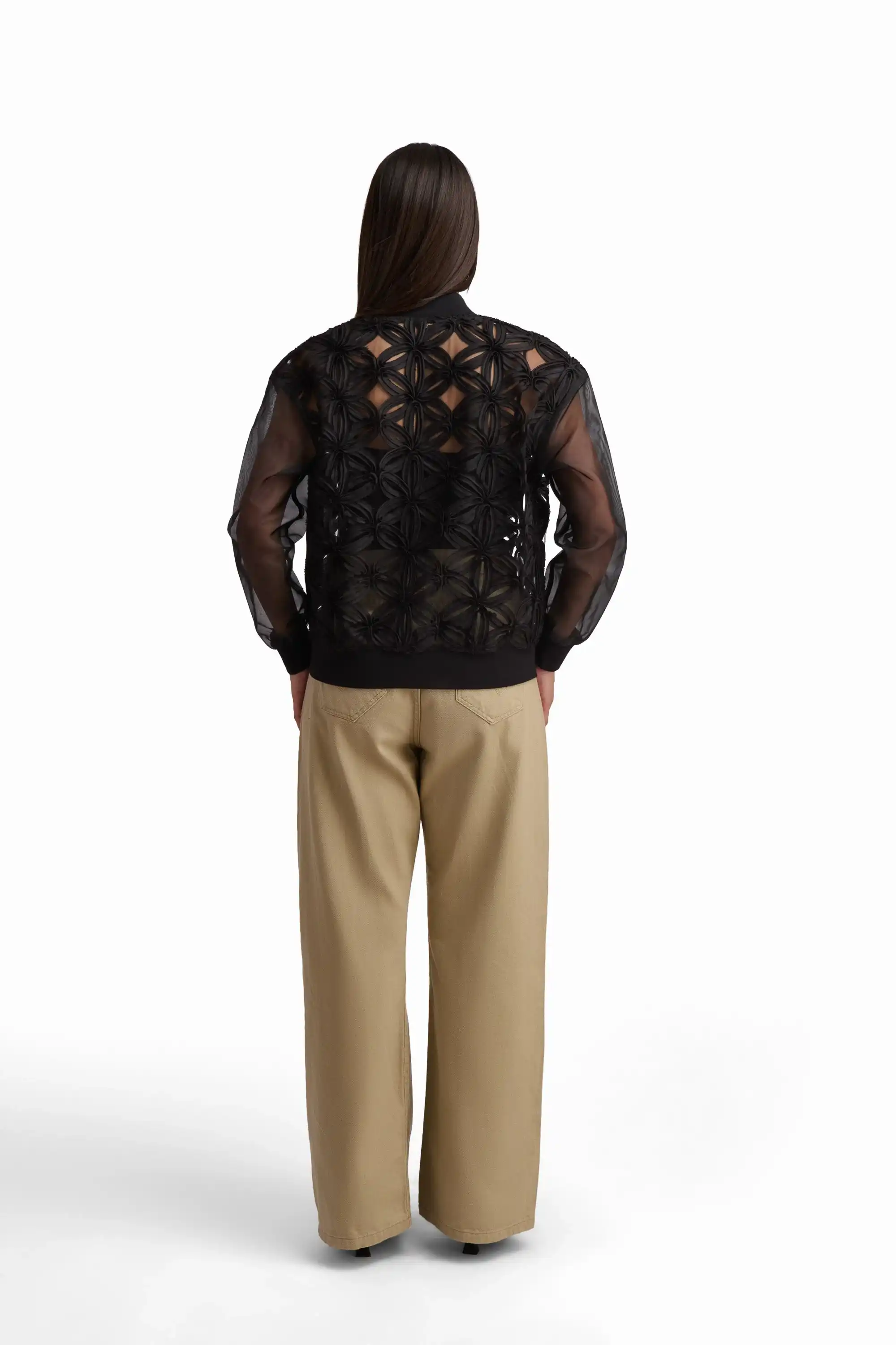 Black Floral Textured Zip Jacket - Image 4