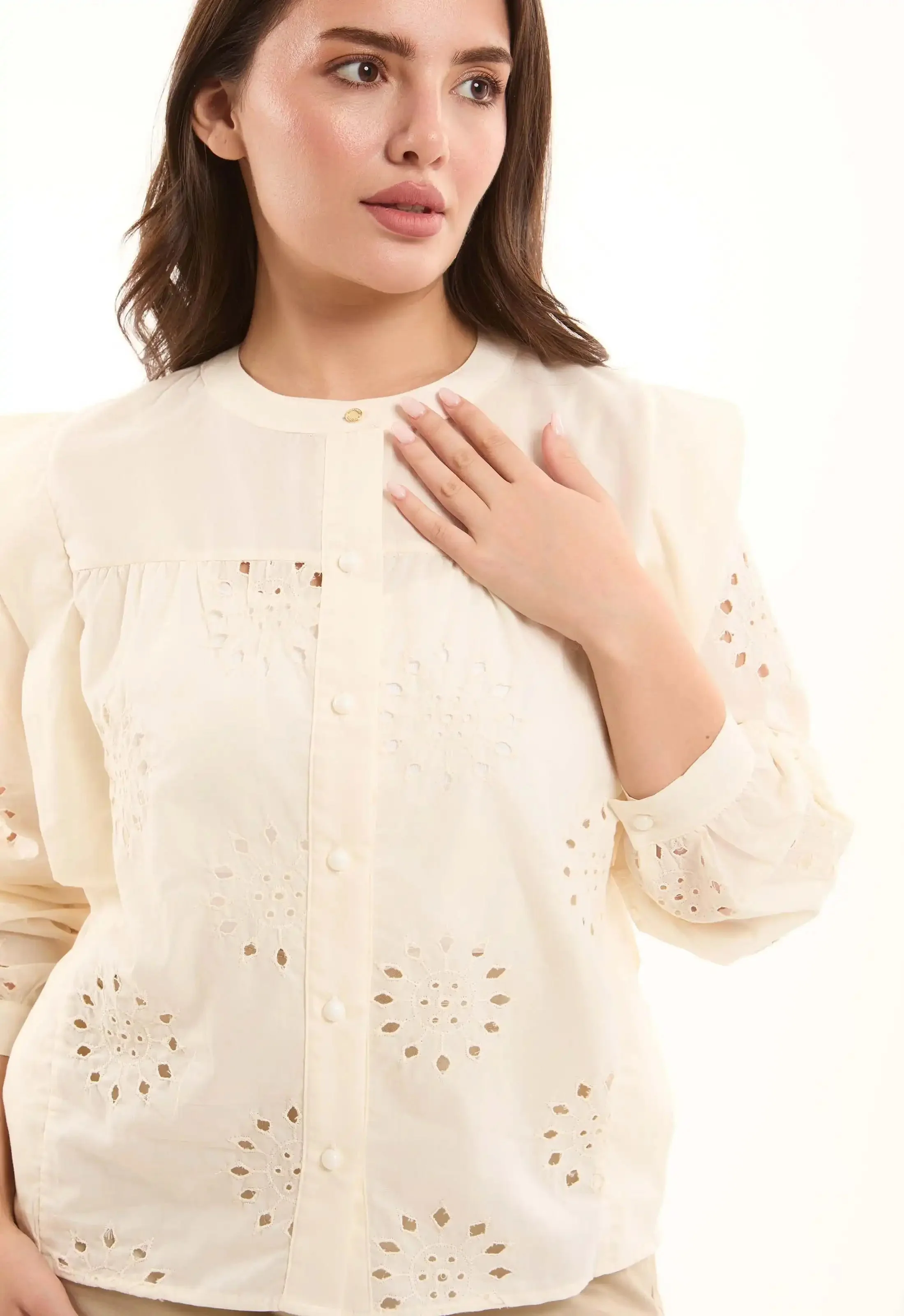 Embroidered Eyelet Shirt with Puff Shoulder Detail - Image 2