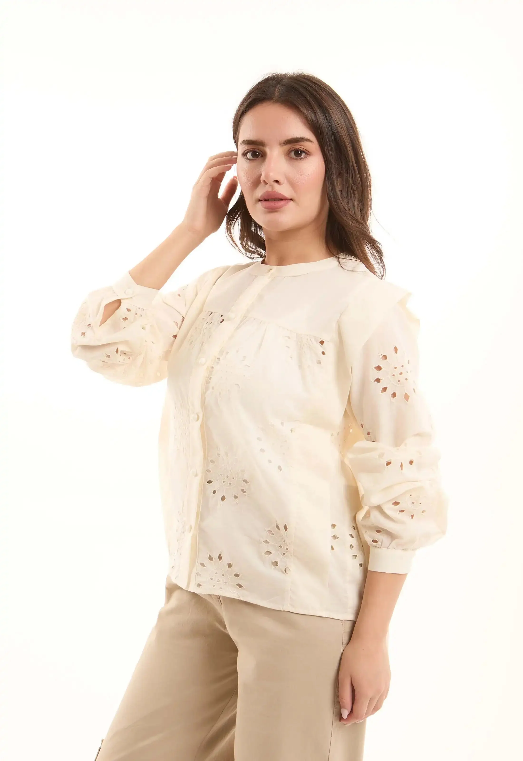 Embroidered Eyelet Shirt with Puff Shoulder Detail - Image 3