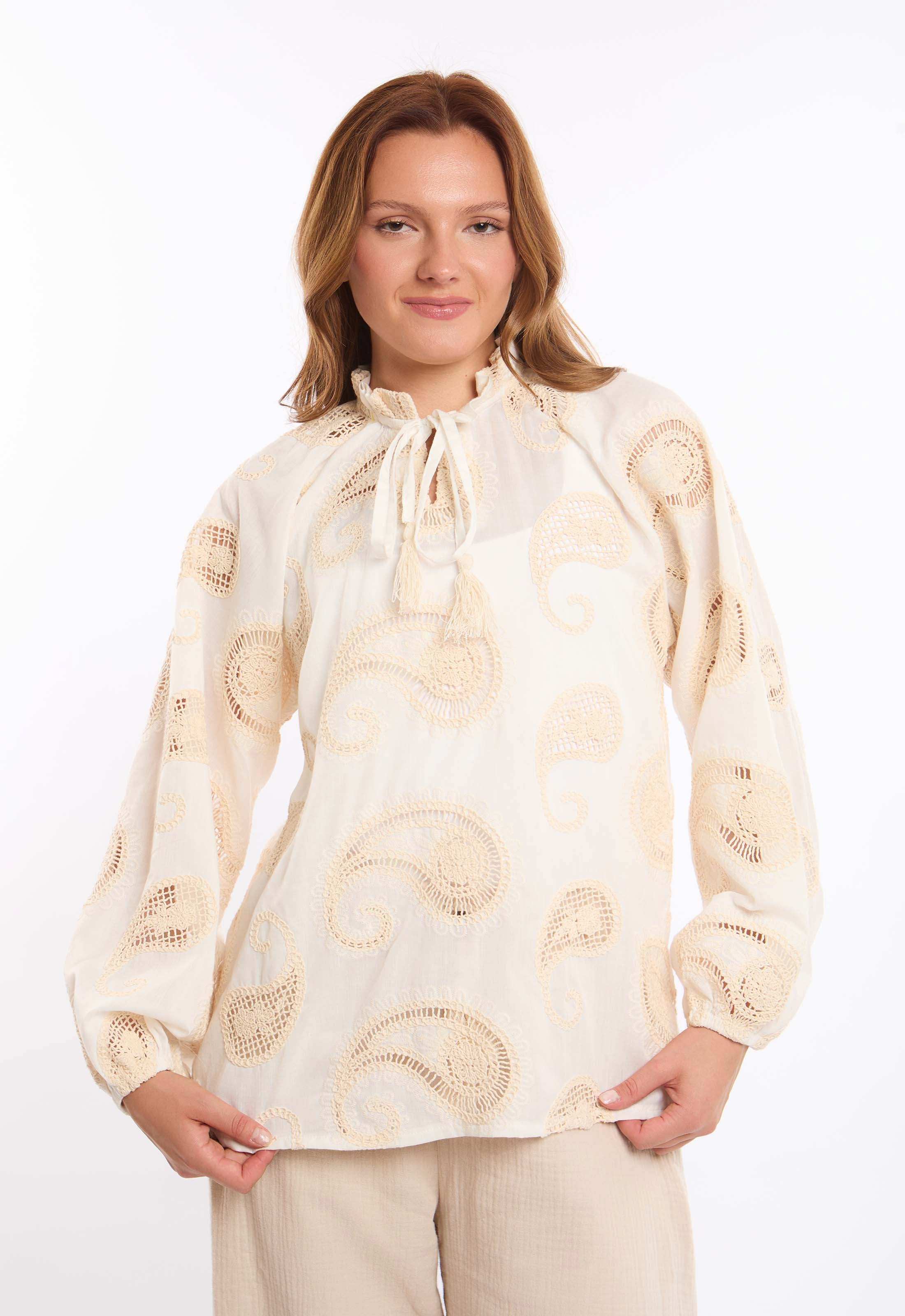 Paisley Embroidered Tie-Neck Blouse - Image 3