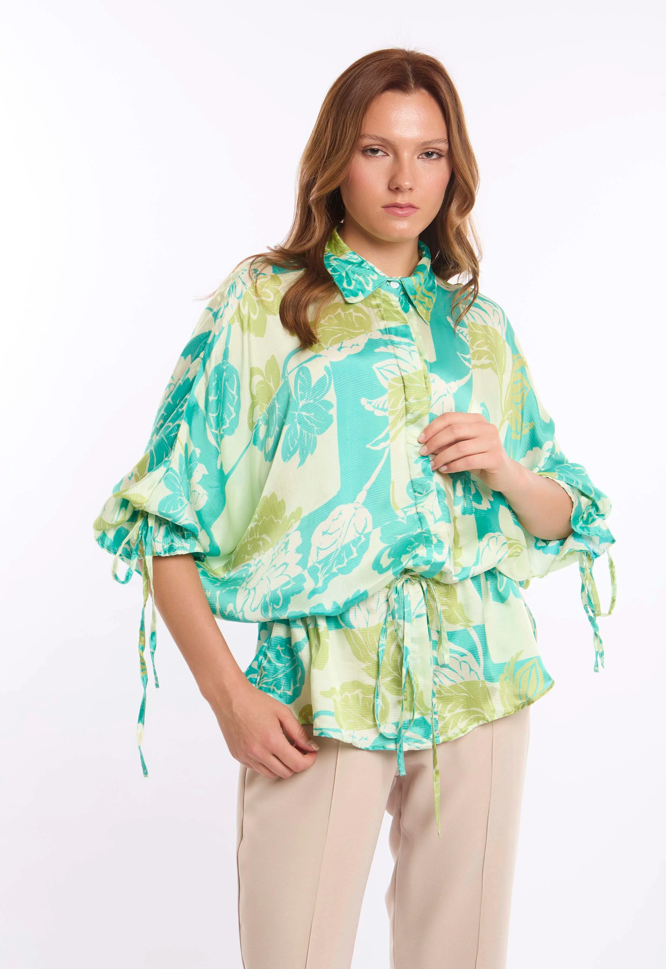 Botanical Wrap Blouse with Kimono Sleeves