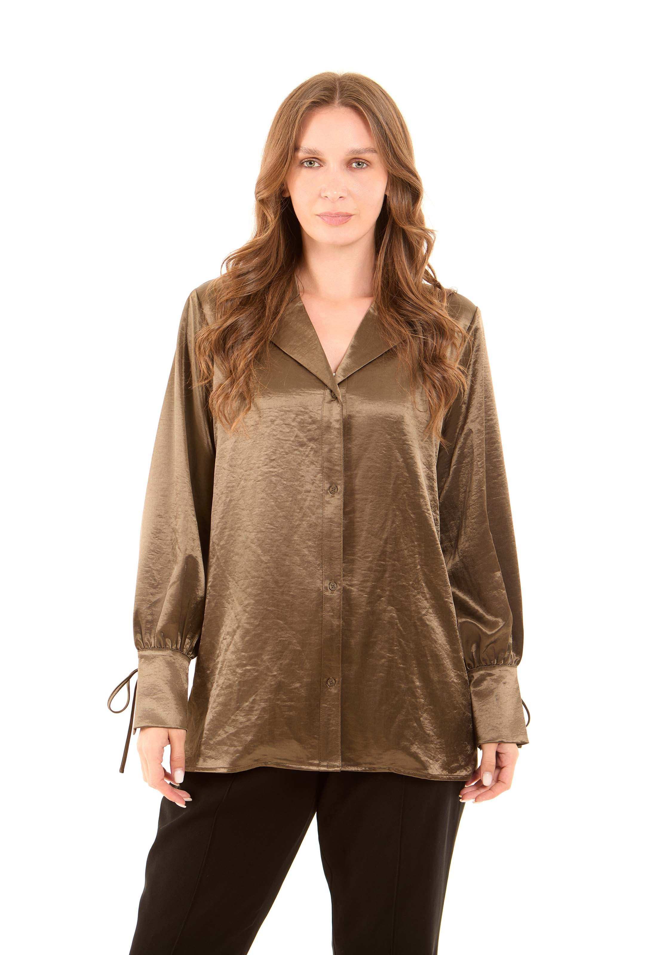 Satin-Feel Polyester Blouse with Notched Collar - Image 2