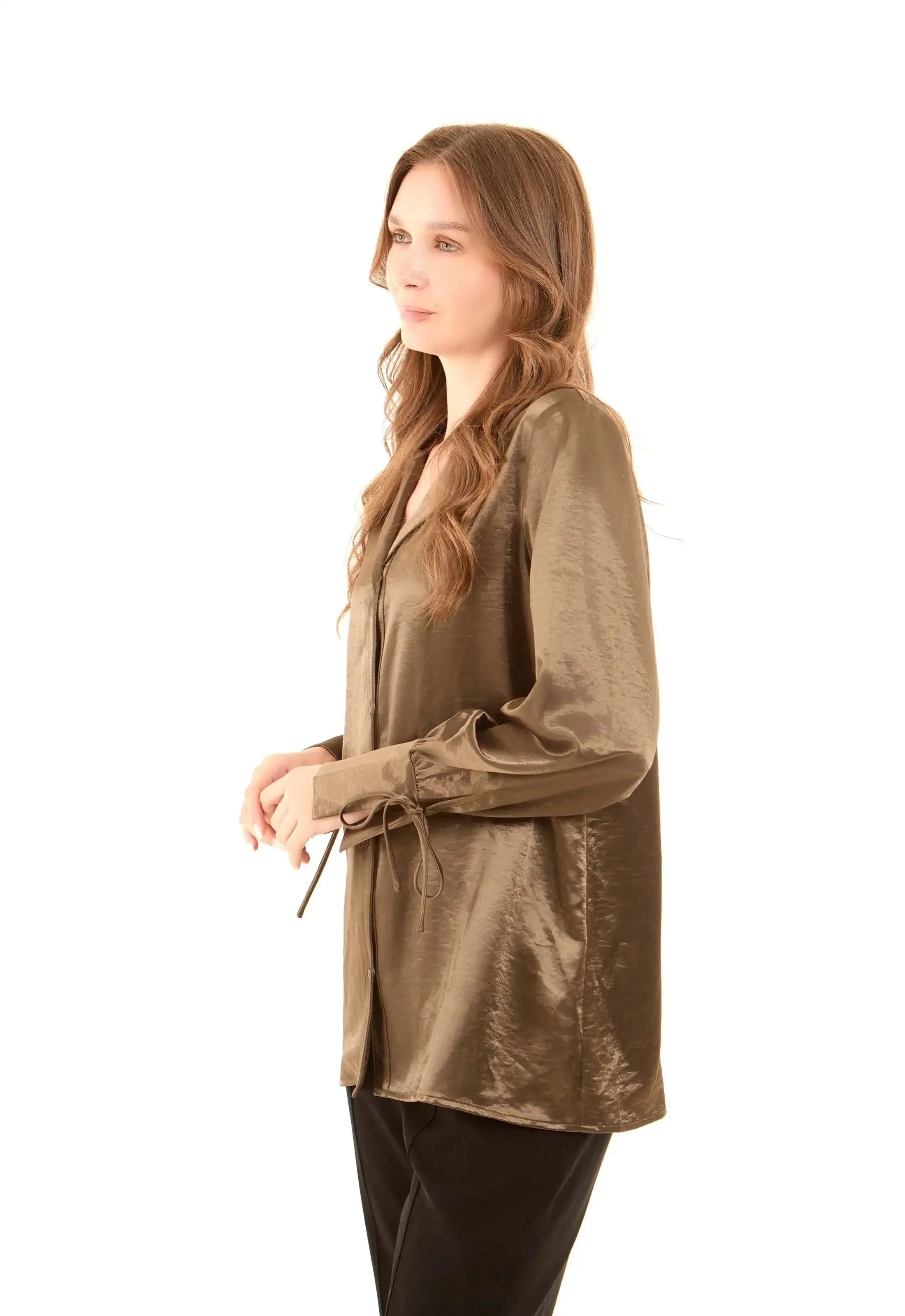 Satin-Feel Polyester Blouse with Notched Collar - Image 3