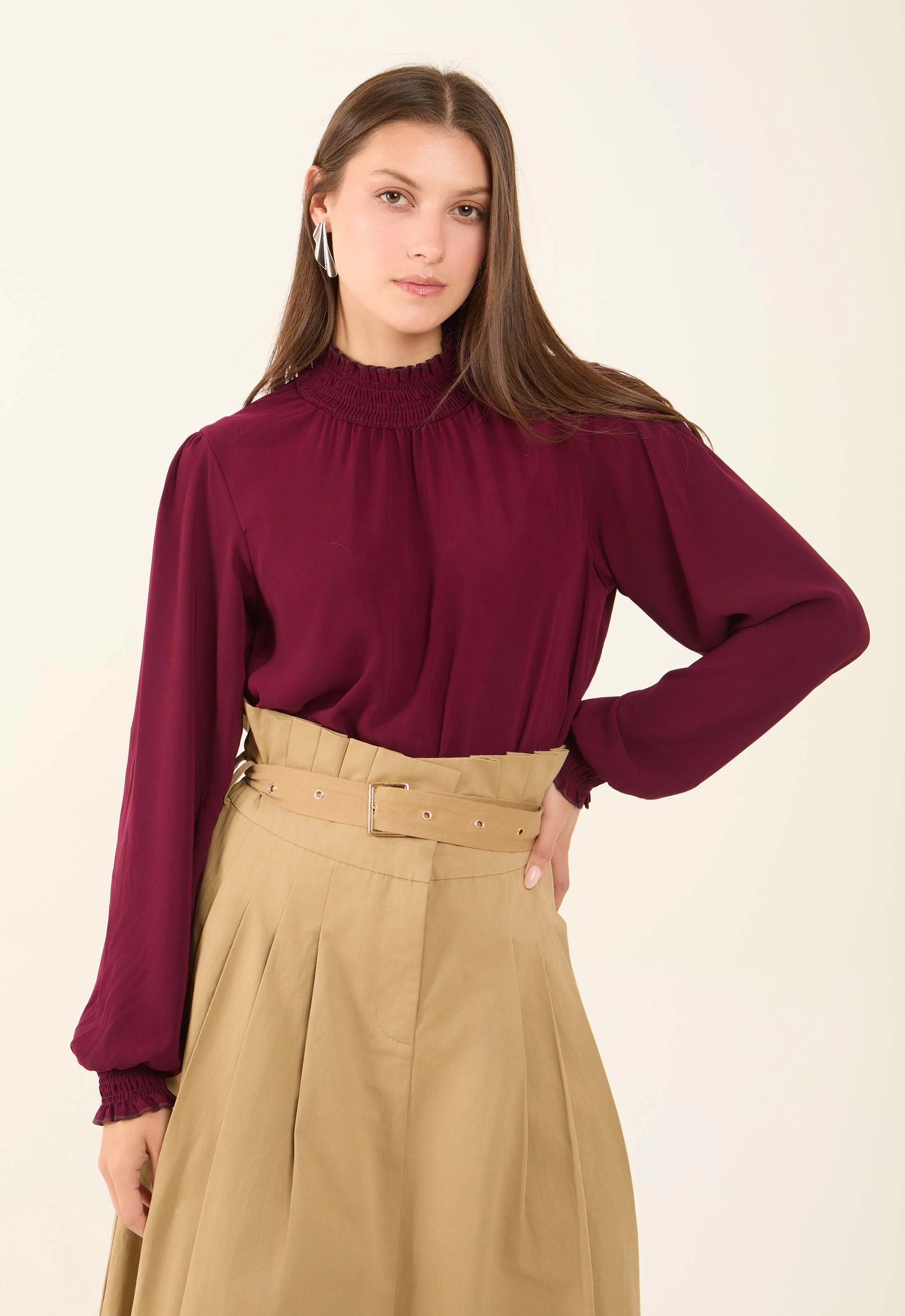 Flowy High-Neck Blouse with Shirred Details - Image 2