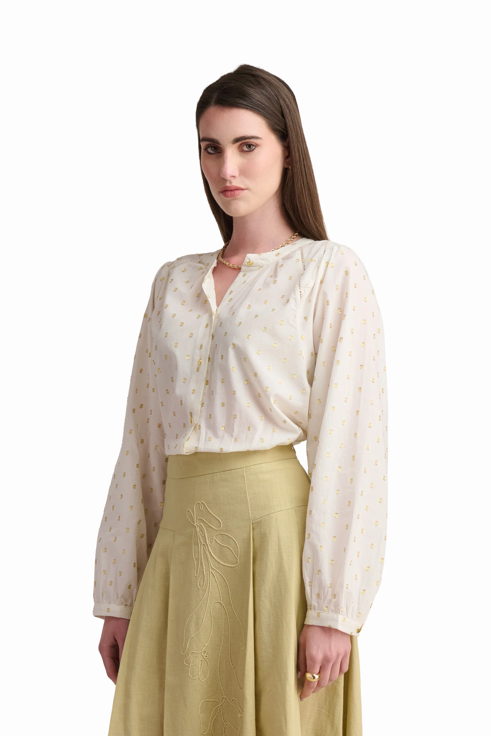 Cream Dotted Button-Up Blouse - Image 2