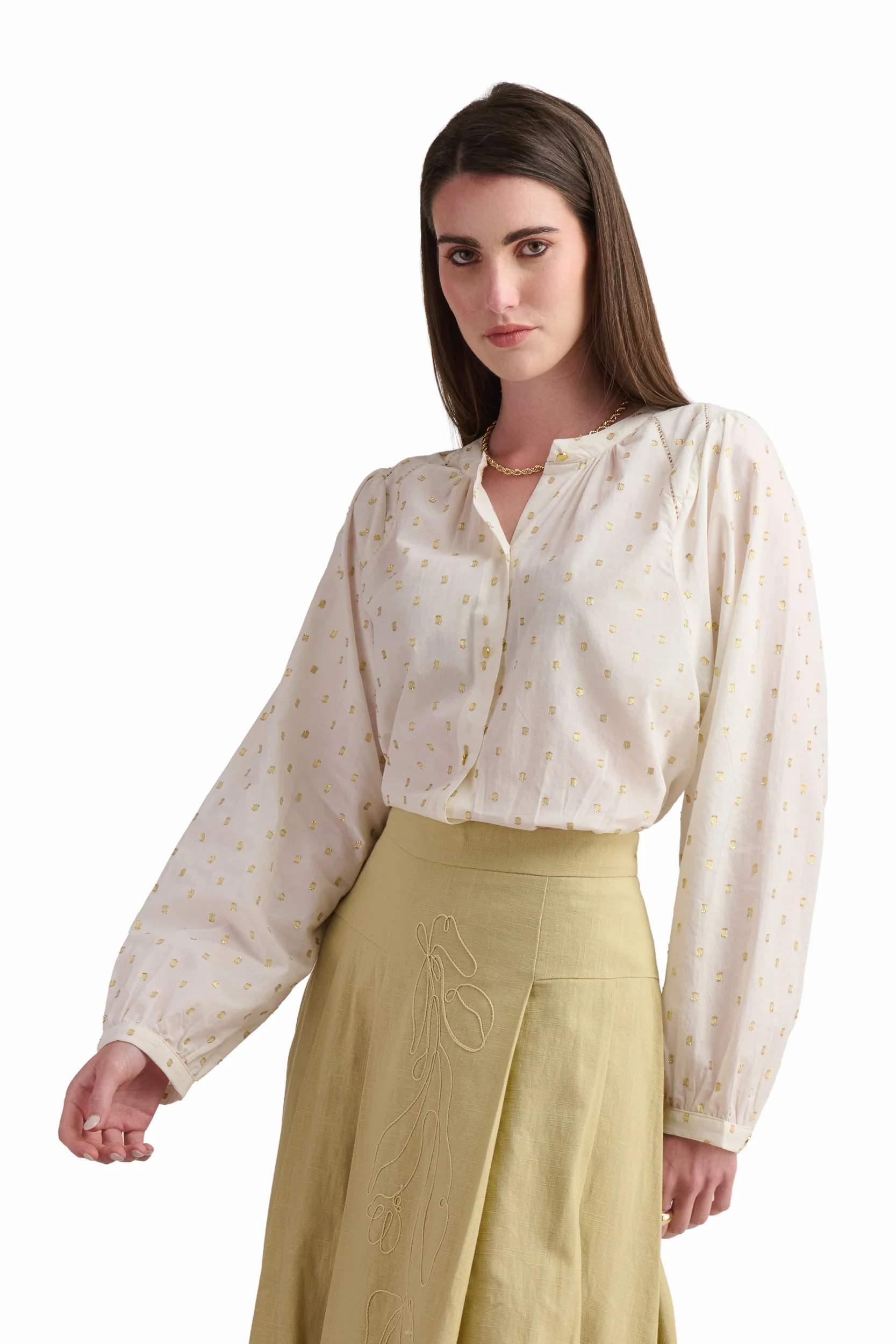 Cream Dotted Button-Up Blouse - Image 3