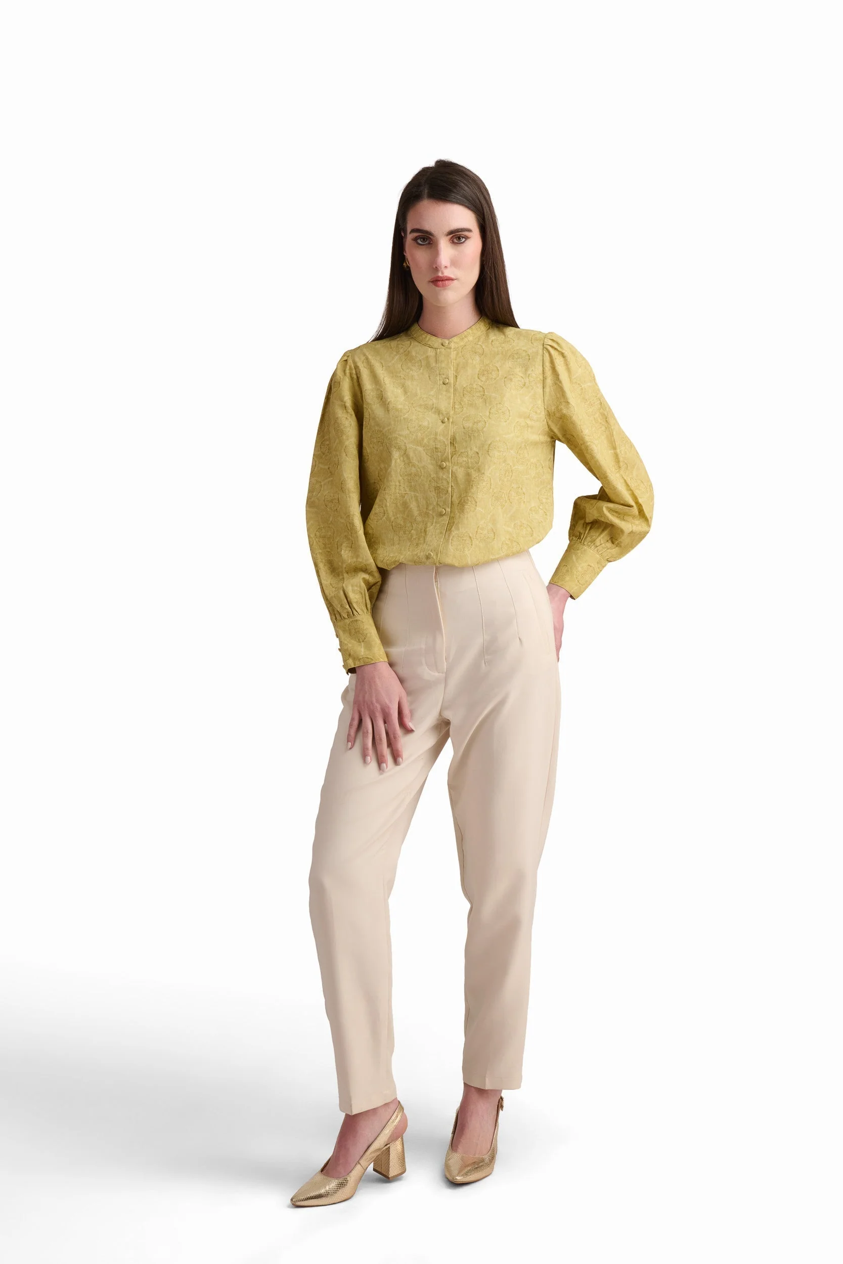 Sage Floral Linen-Blend Blouse