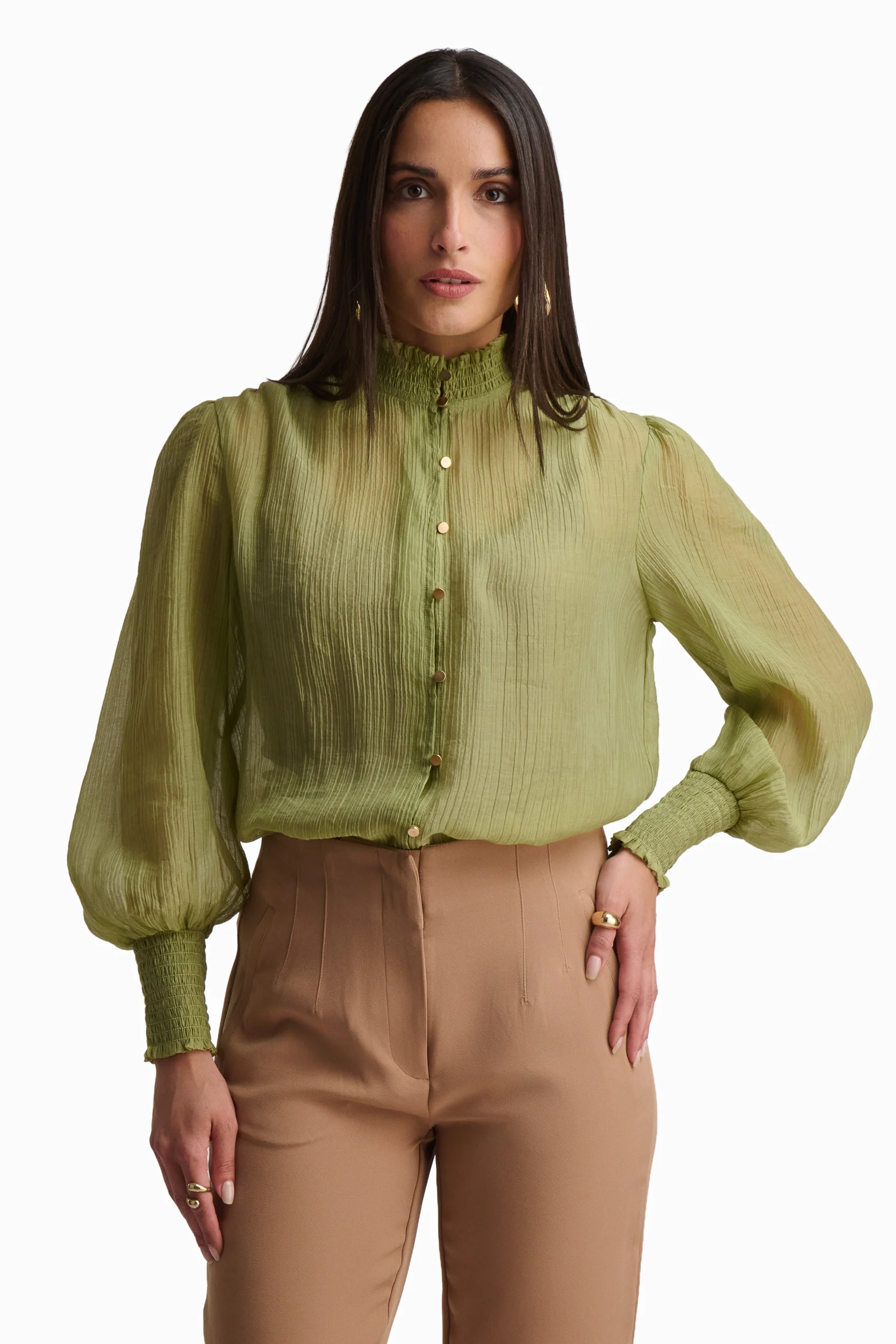 Olive Whisper High-Neck Blouse - Image 2