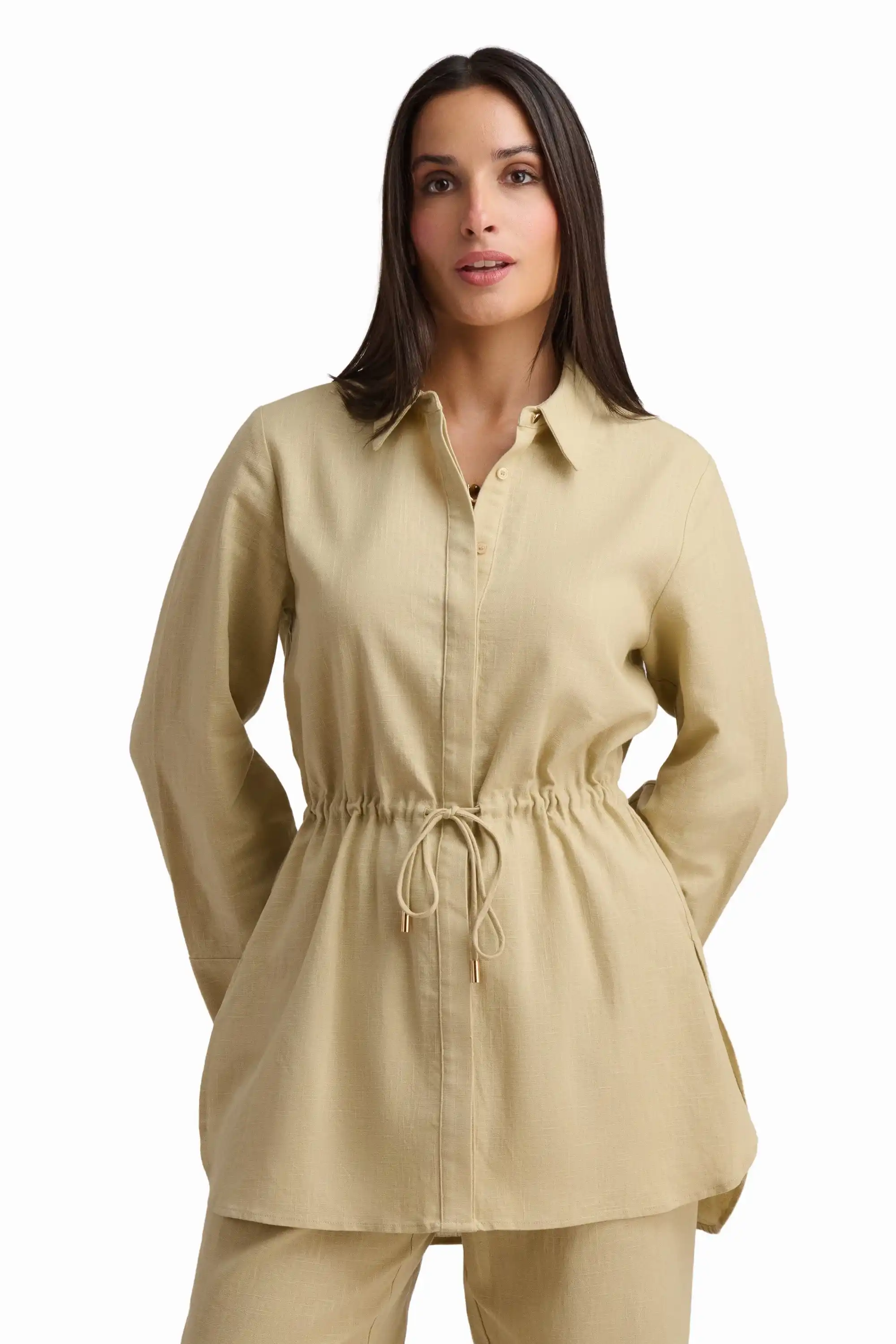 Beige Drawstring Waist Tunic Shirt - Image 2