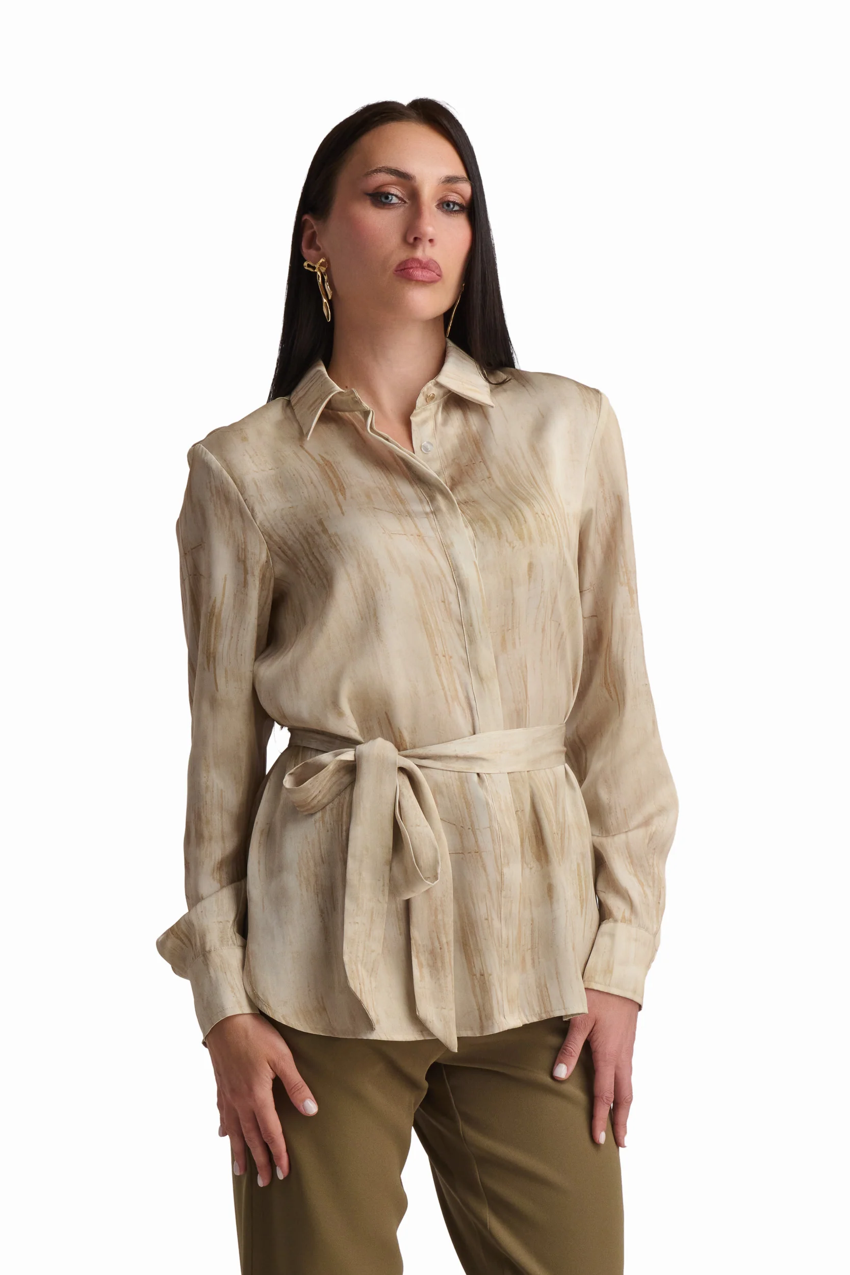 Golden Tie-Waist Satin Blouse - Image 2