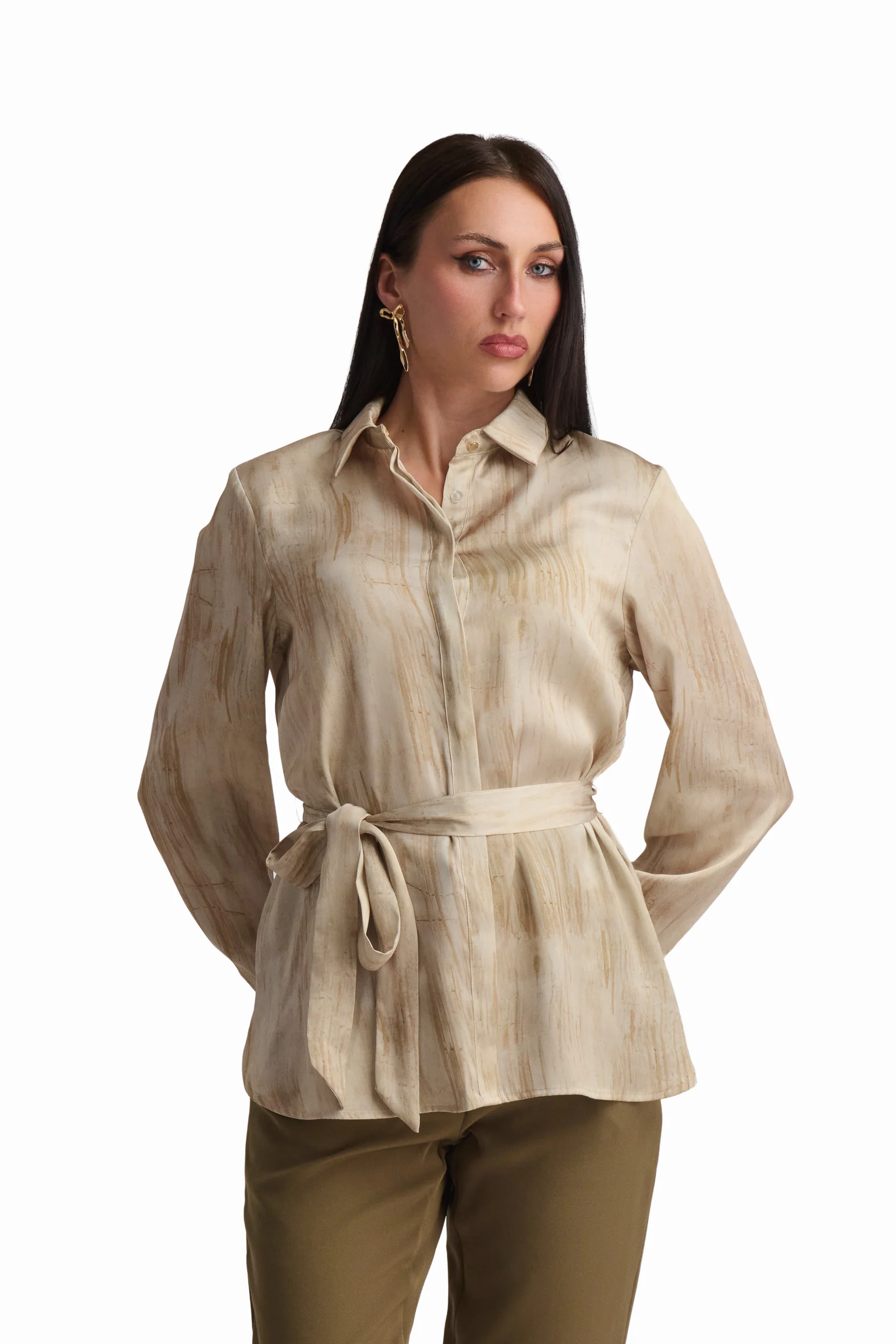 Golden Tie-Waist Satin Blouse - Image 3