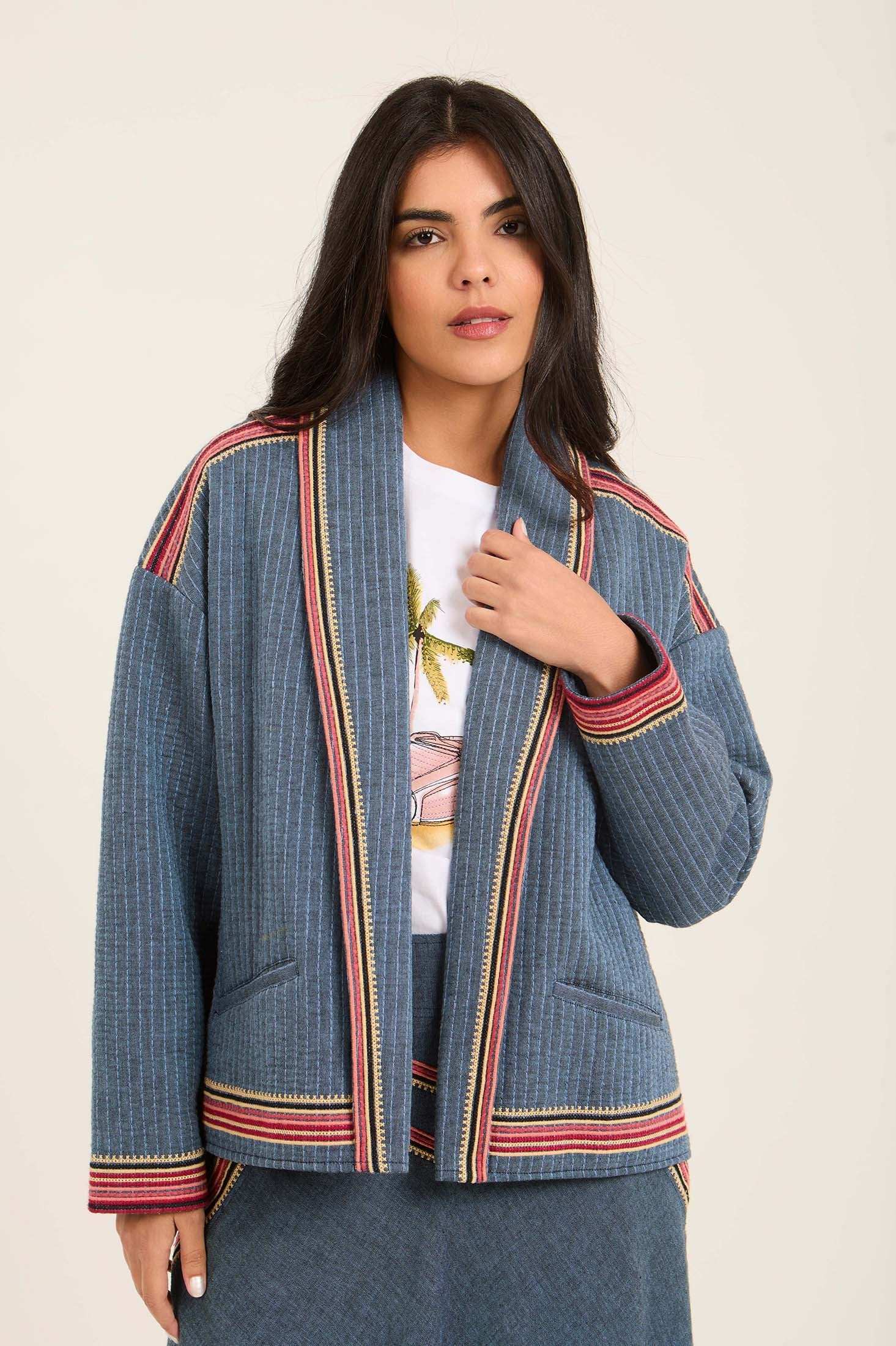 Women Jacket Kimono Cropped Blue - Image 2