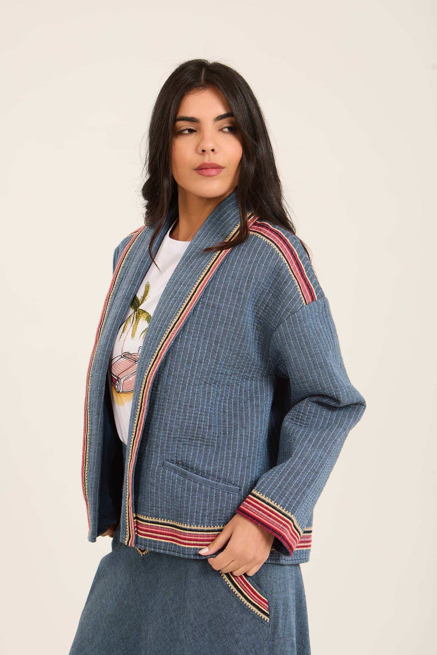 Women Jacket Kimono Cropped Blue - Image 3