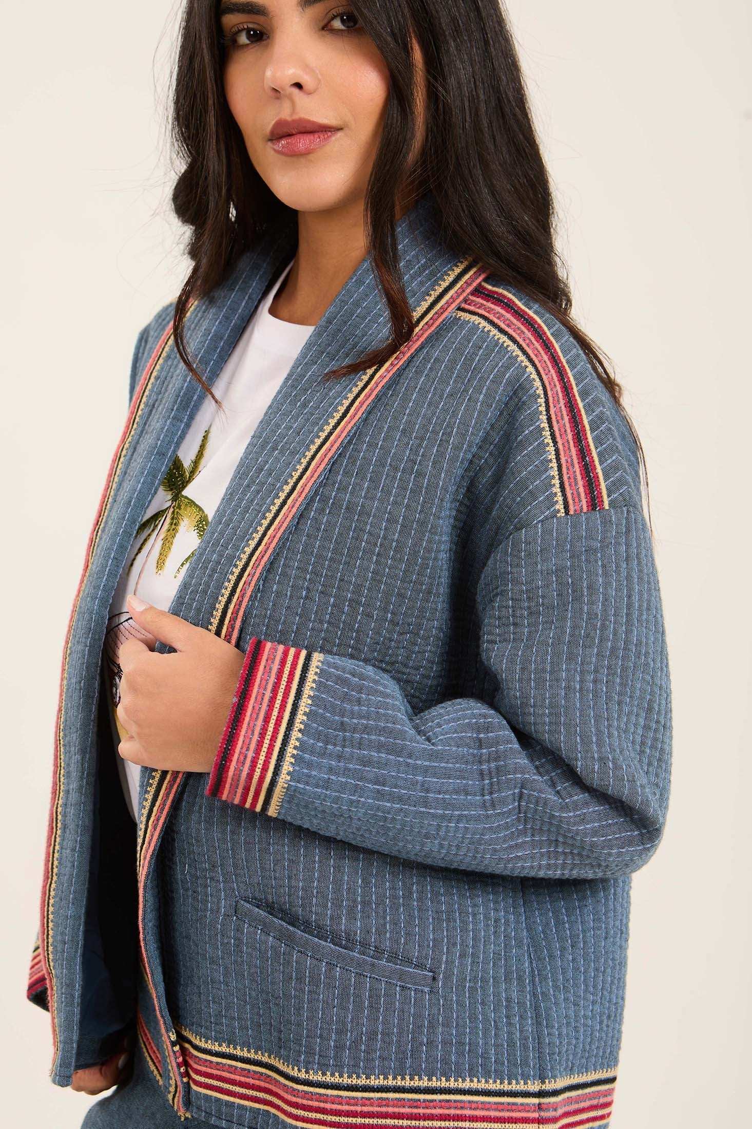 Women Jacket Kimono Cropped Blue - Image 4