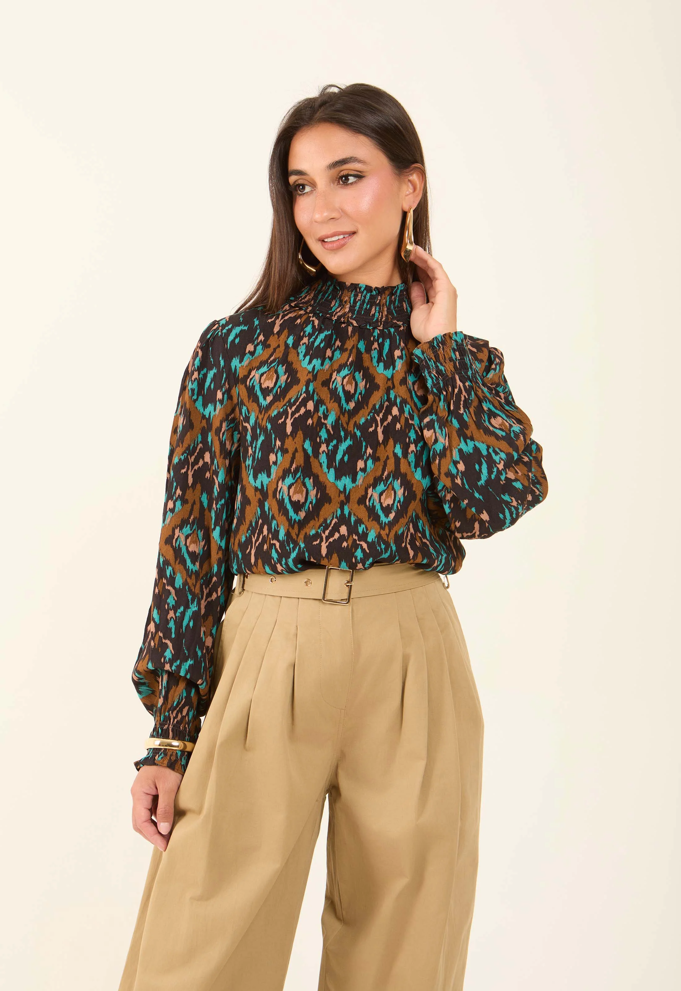 Flowy Printed High-Neck Viscose Blouse - Image 5