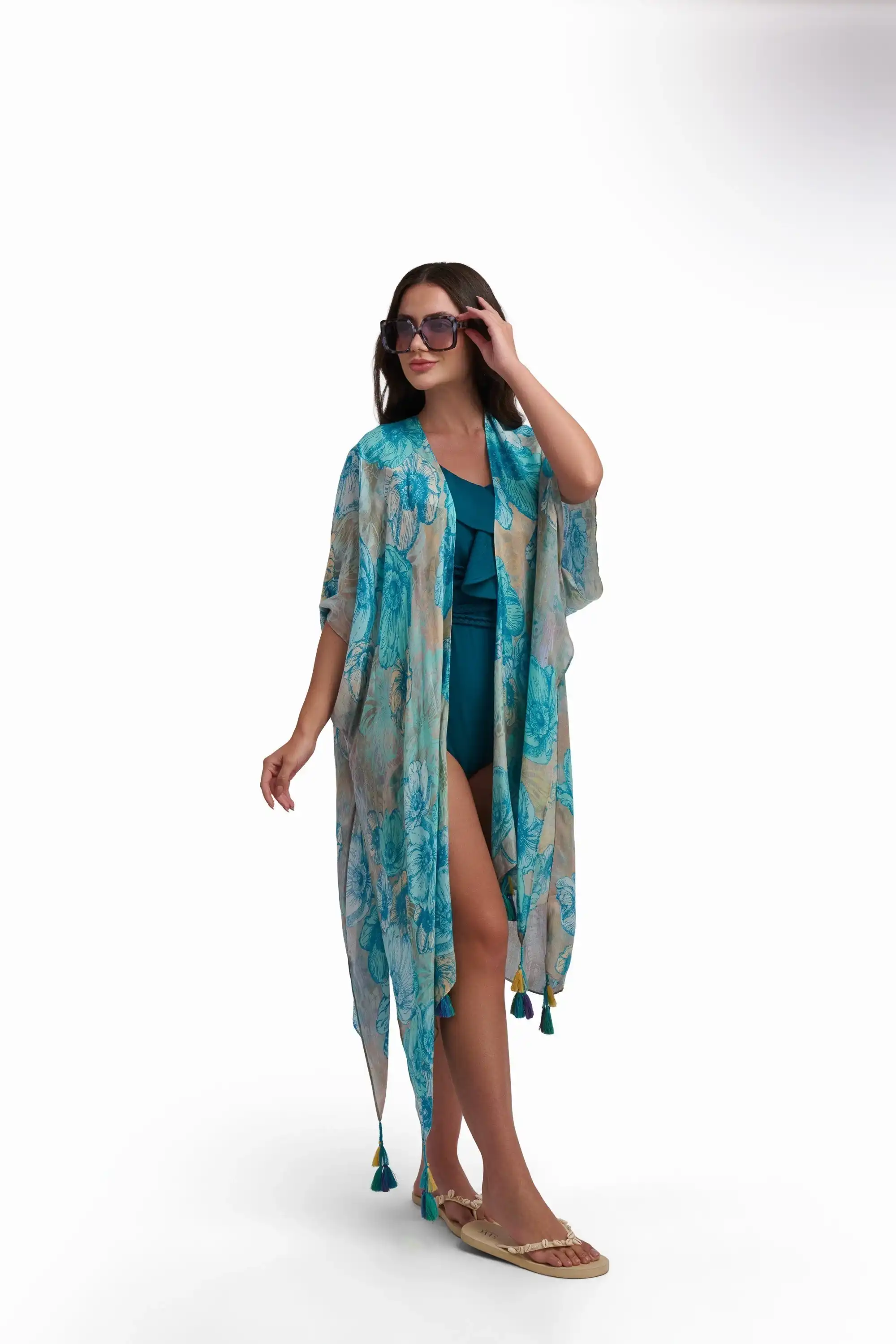 Turquoise Printed Kimono - Image 3