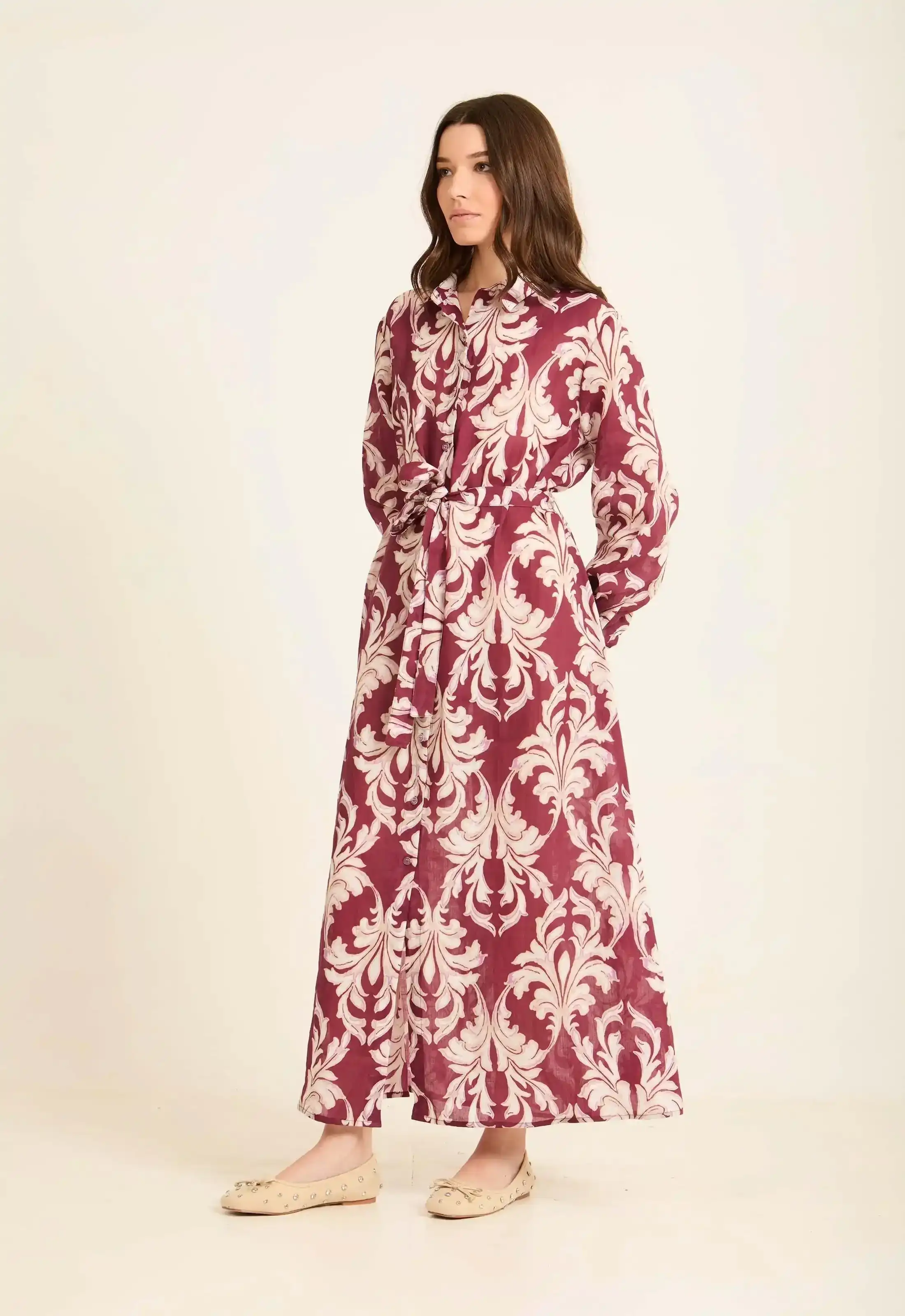 Long Sleeves Damask Pattern Buttoned Dress - Image 2
