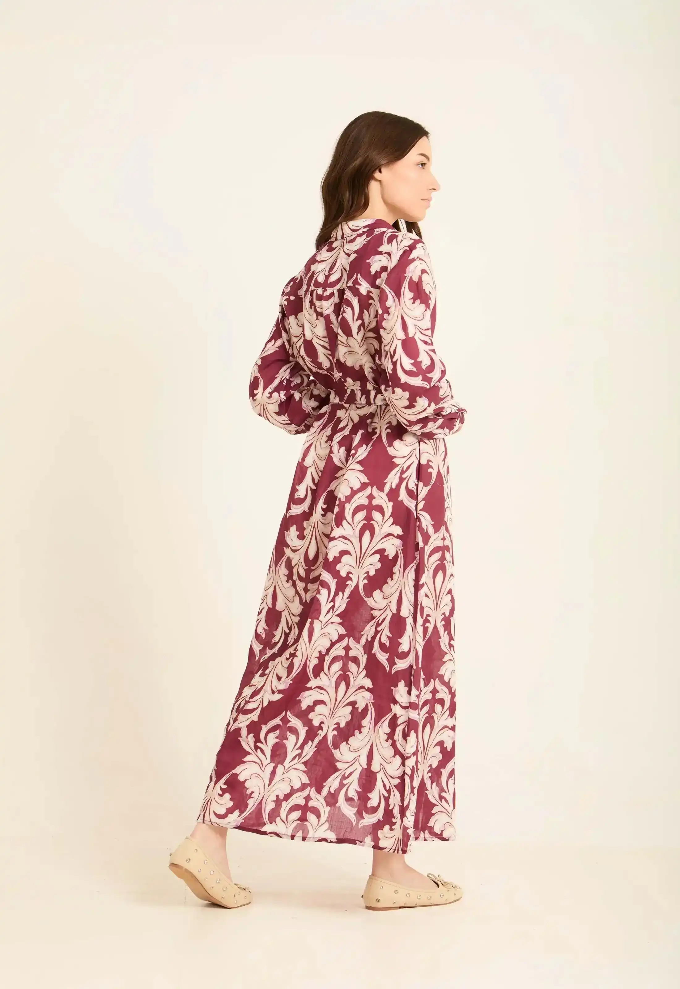 Long Sleeves Damask Pattern Buttoned Dress - Image 3
