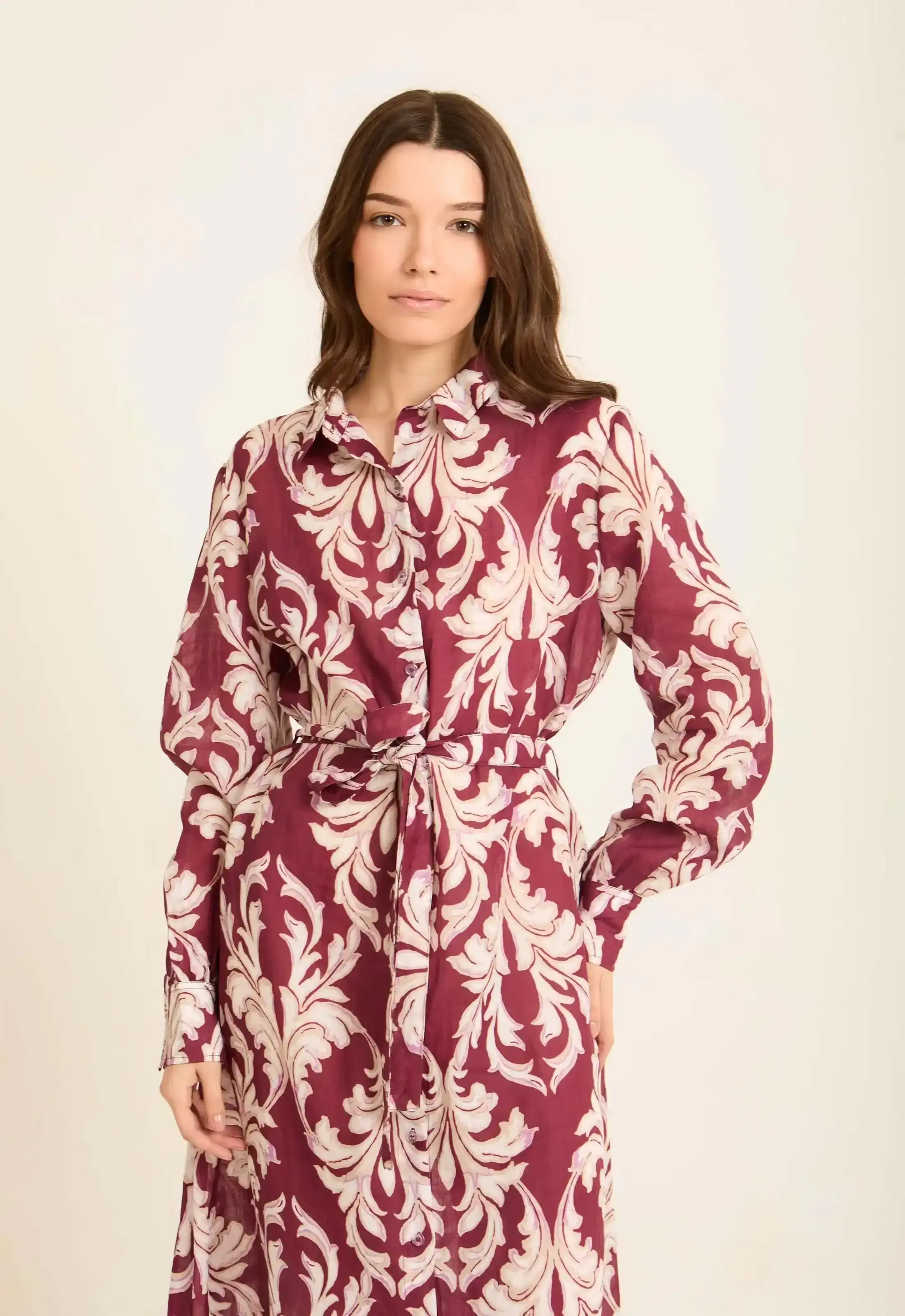 Long Sleeves Damask Pattern Buttoned Dress - Image 4