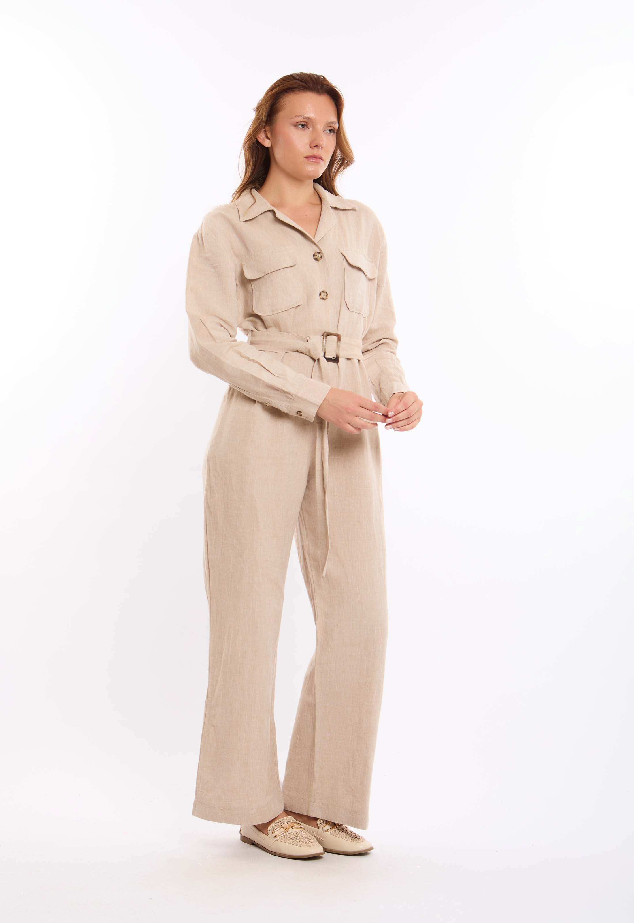 Buttons Down Textured Jumpsuit with Belt - Image 3