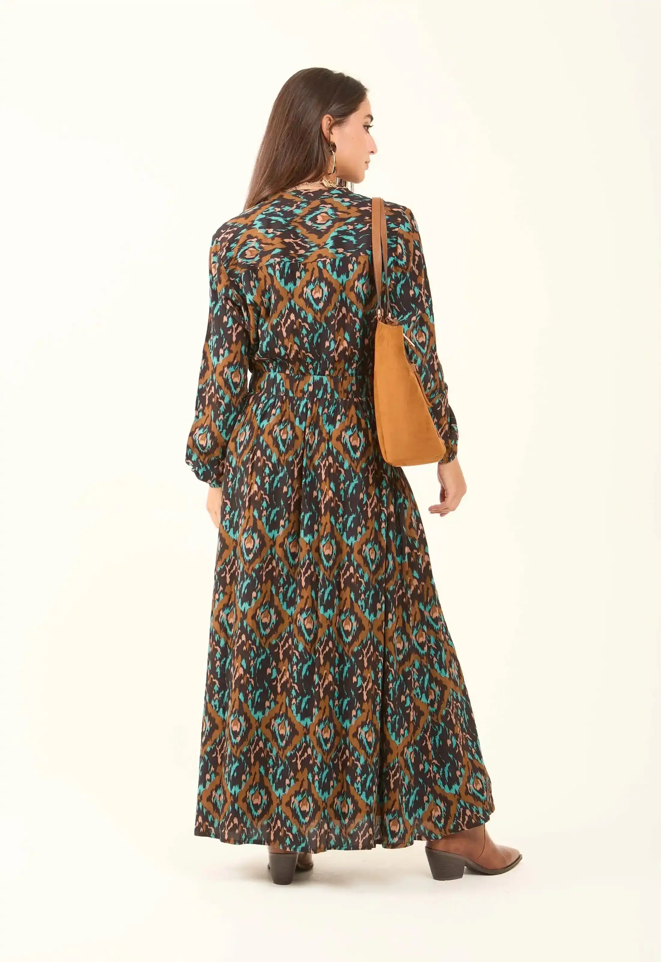 Patterned Drawstring Dress with V-Neck - Image 3
