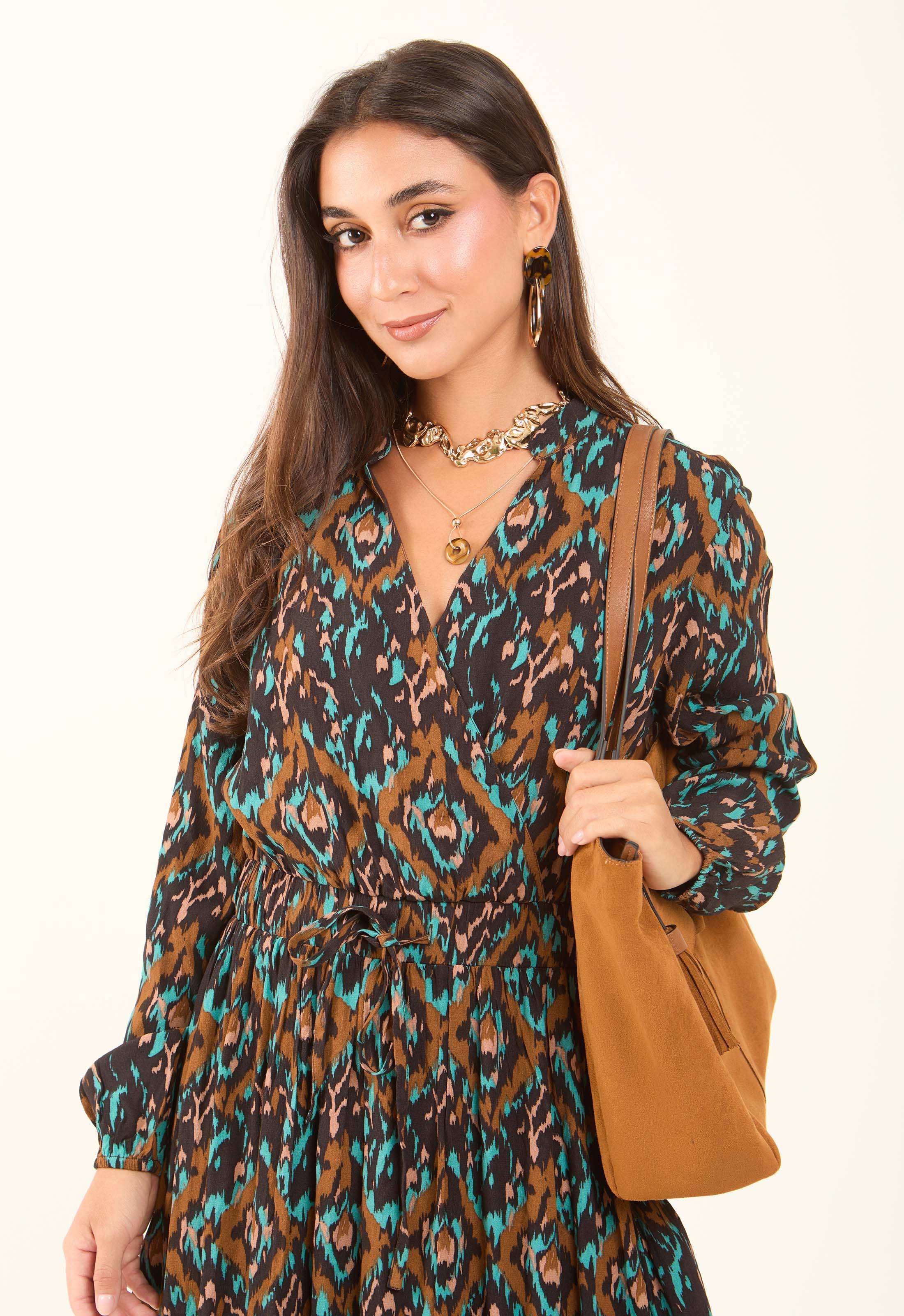 Patterned Drawstring Dress with V-Neck - Image 5