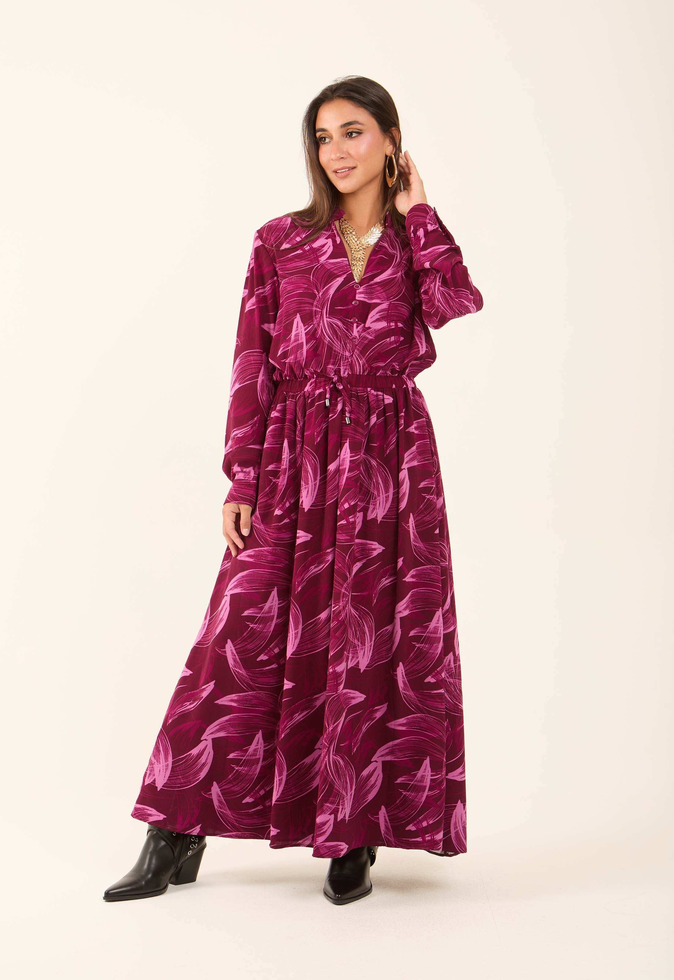 V-Neck Leaves Flowy Dress with Drawstring Waist - Image 3