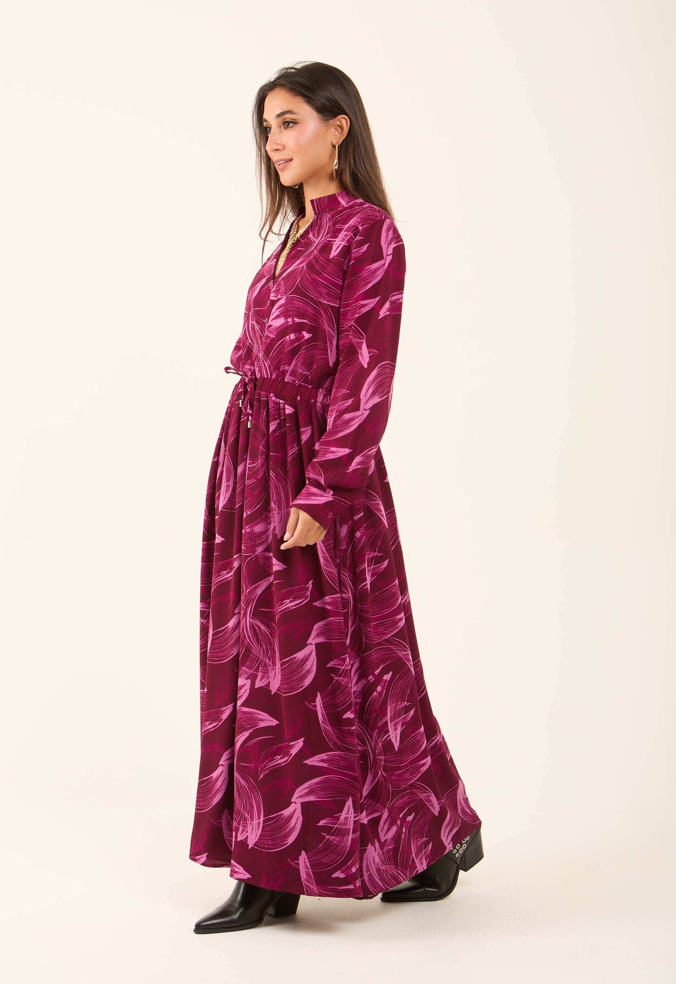 V-Neck Leaves Flowy Dress with Drawstring Waist - Image 5