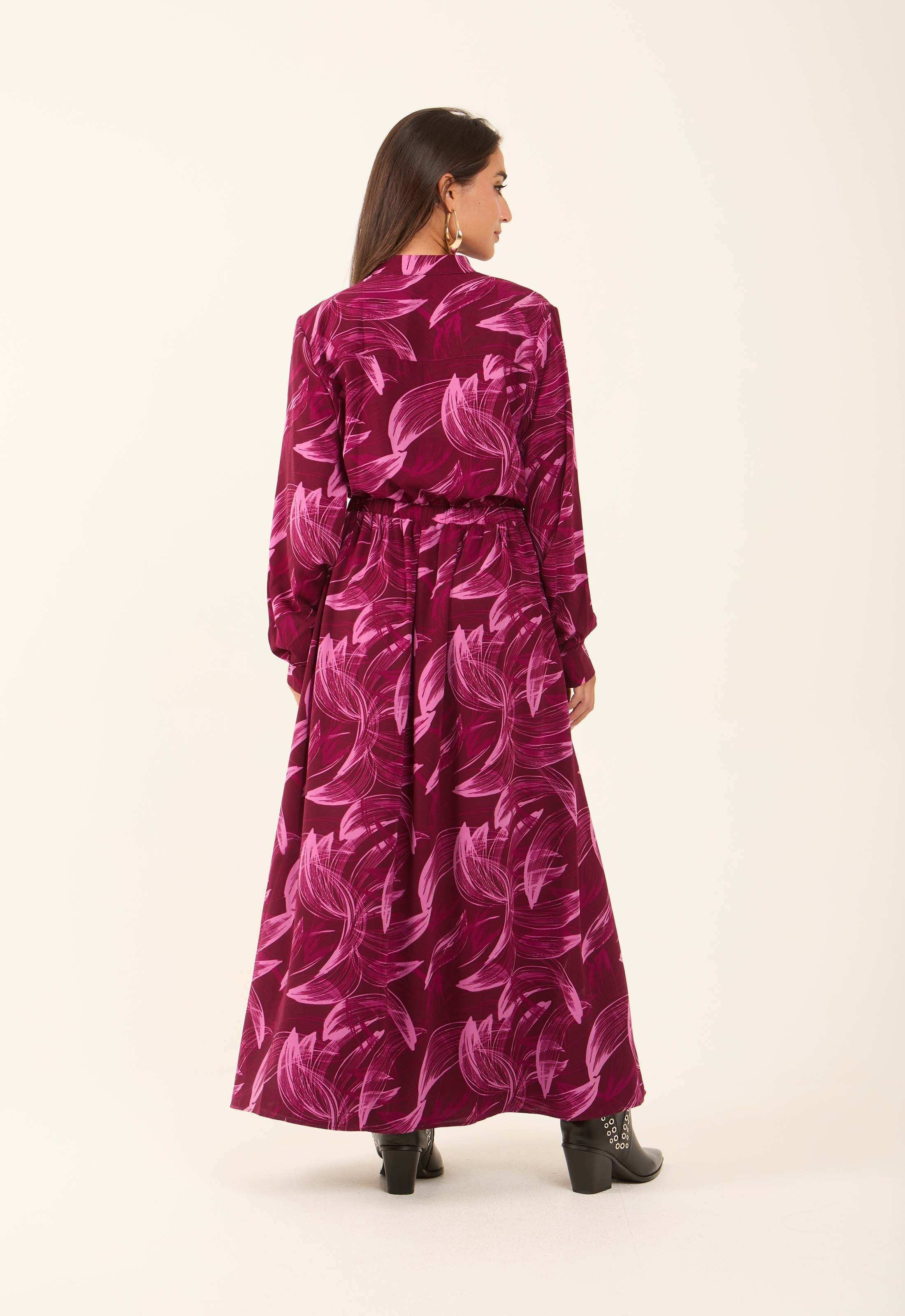 V-Neck Leaves Flowy Dress with Drawstring Waist - Image 6