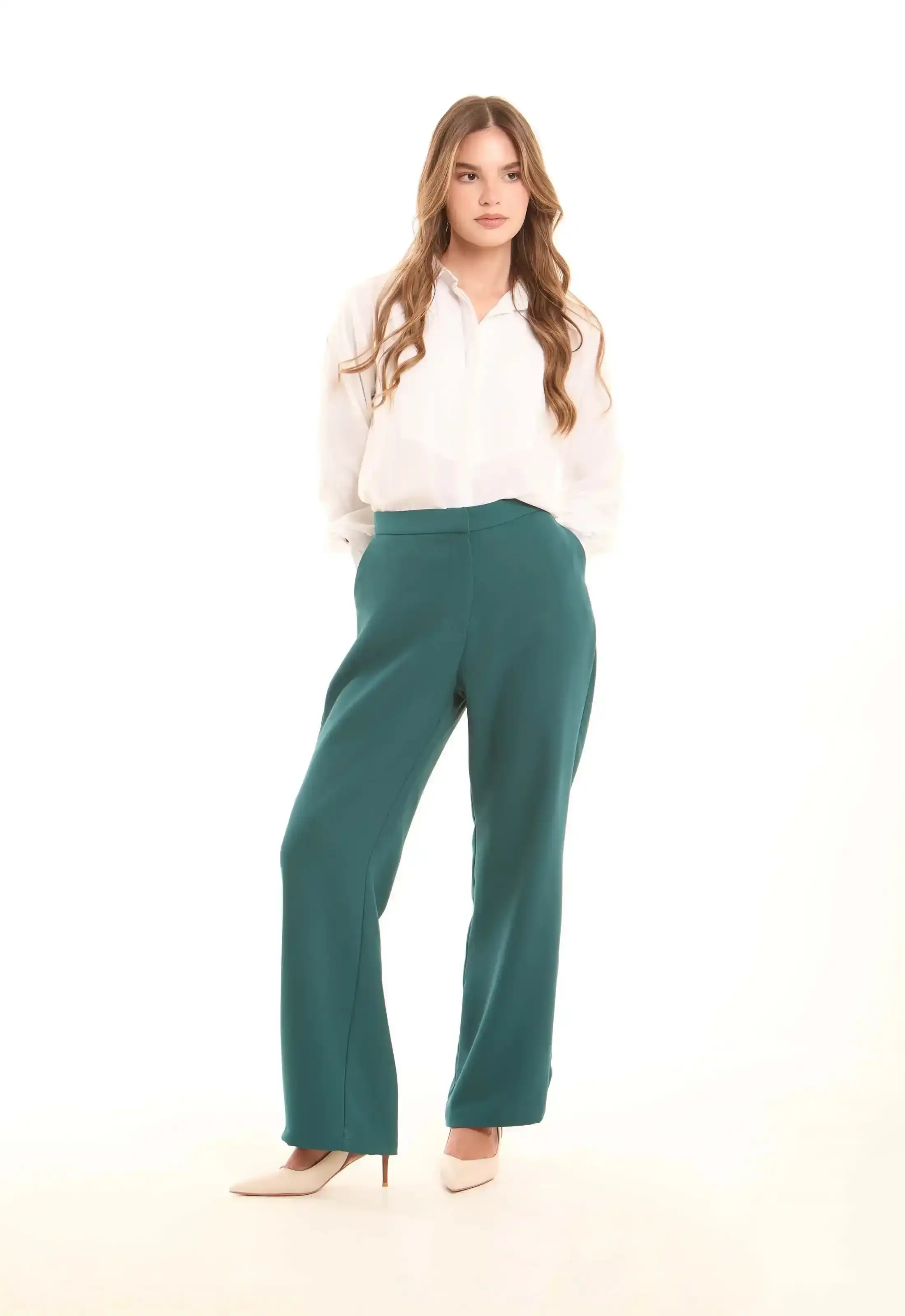 Petrol Green High-Waist Straight Trousers