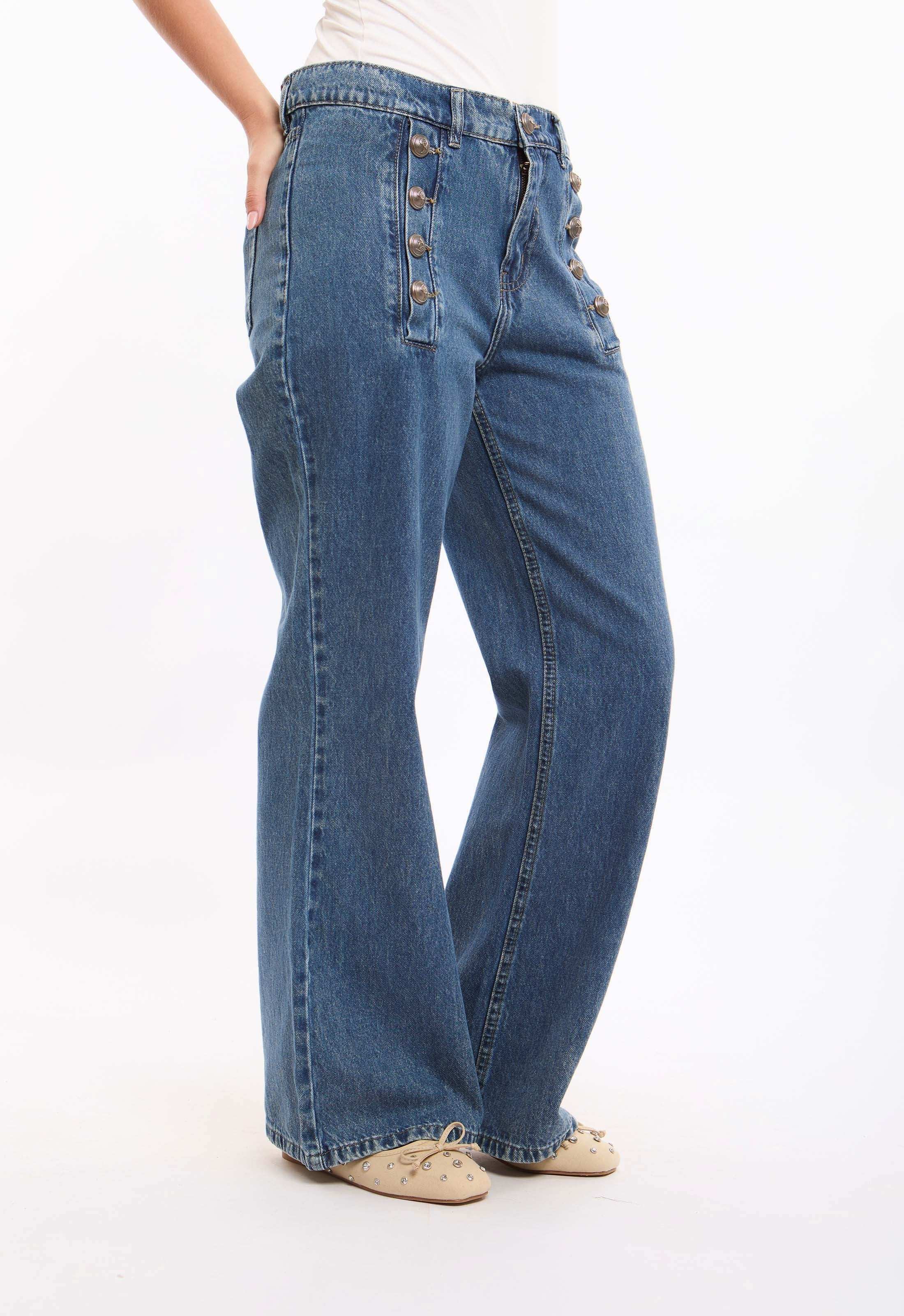Wide Leg Button Detail Jeans - Image 3