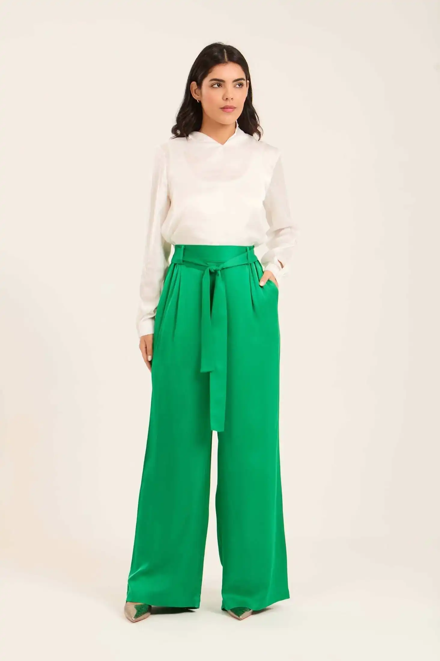 Satin Wide-Leg Pants with Waist Tie