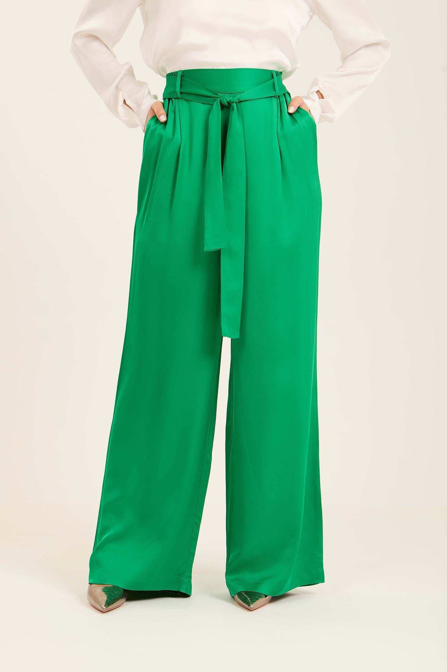 Satin Wide-Leg Pants with Waist Tie - Image 2