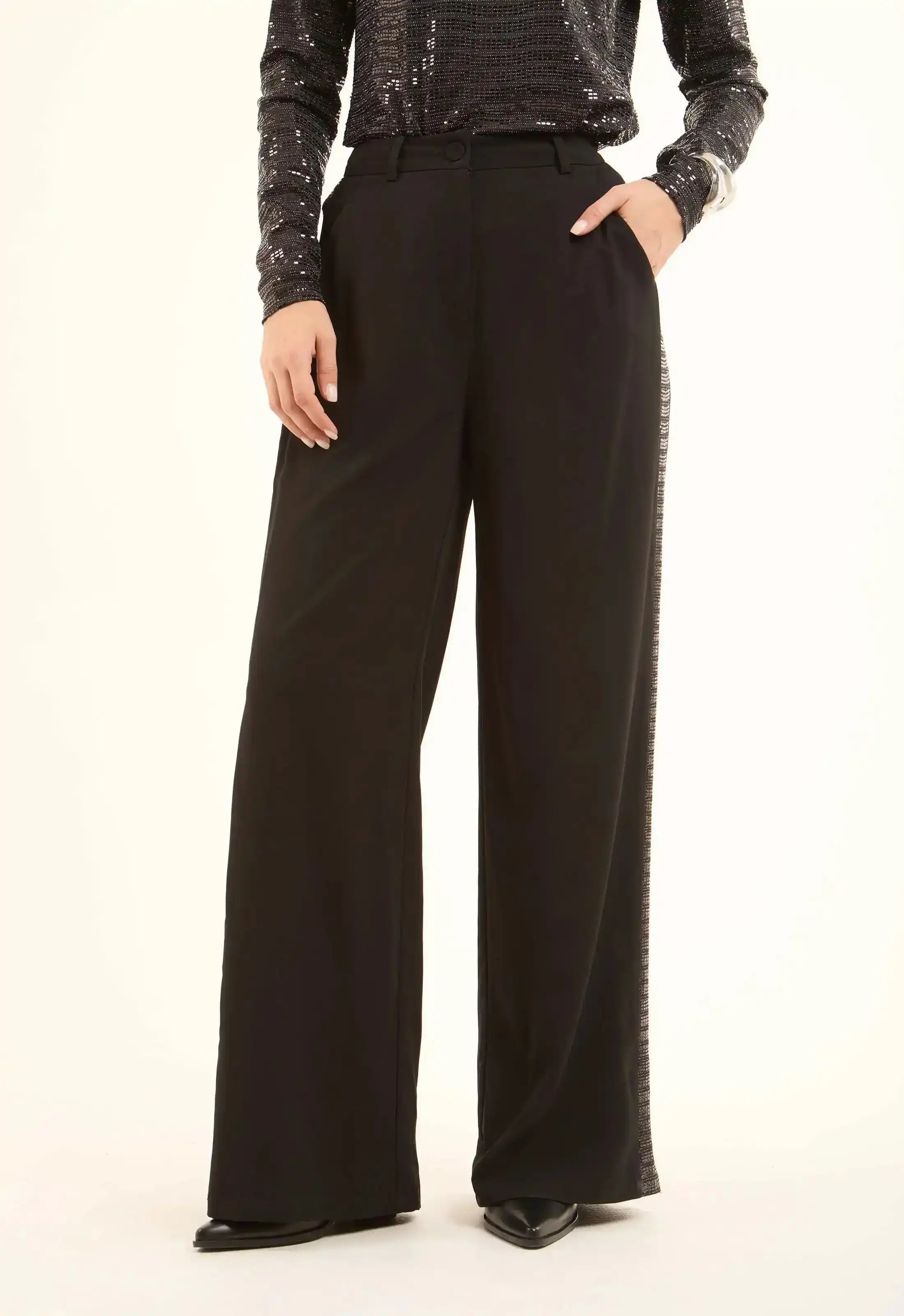 Polyester Wide-Leg Pants with Sequined Side Detail - Image 3