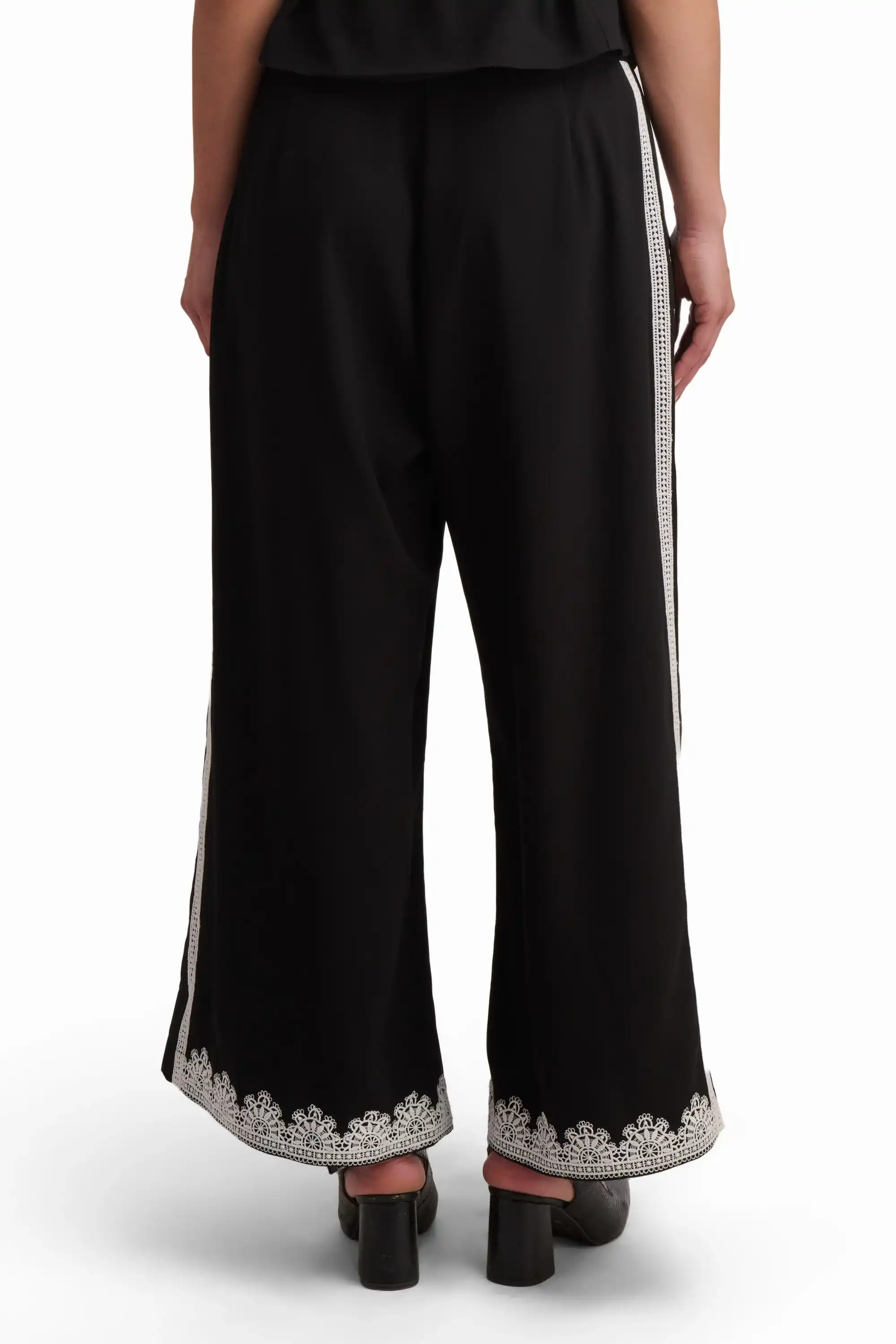 Black Wide-Leg Trousers with Lace Detail - Image 3