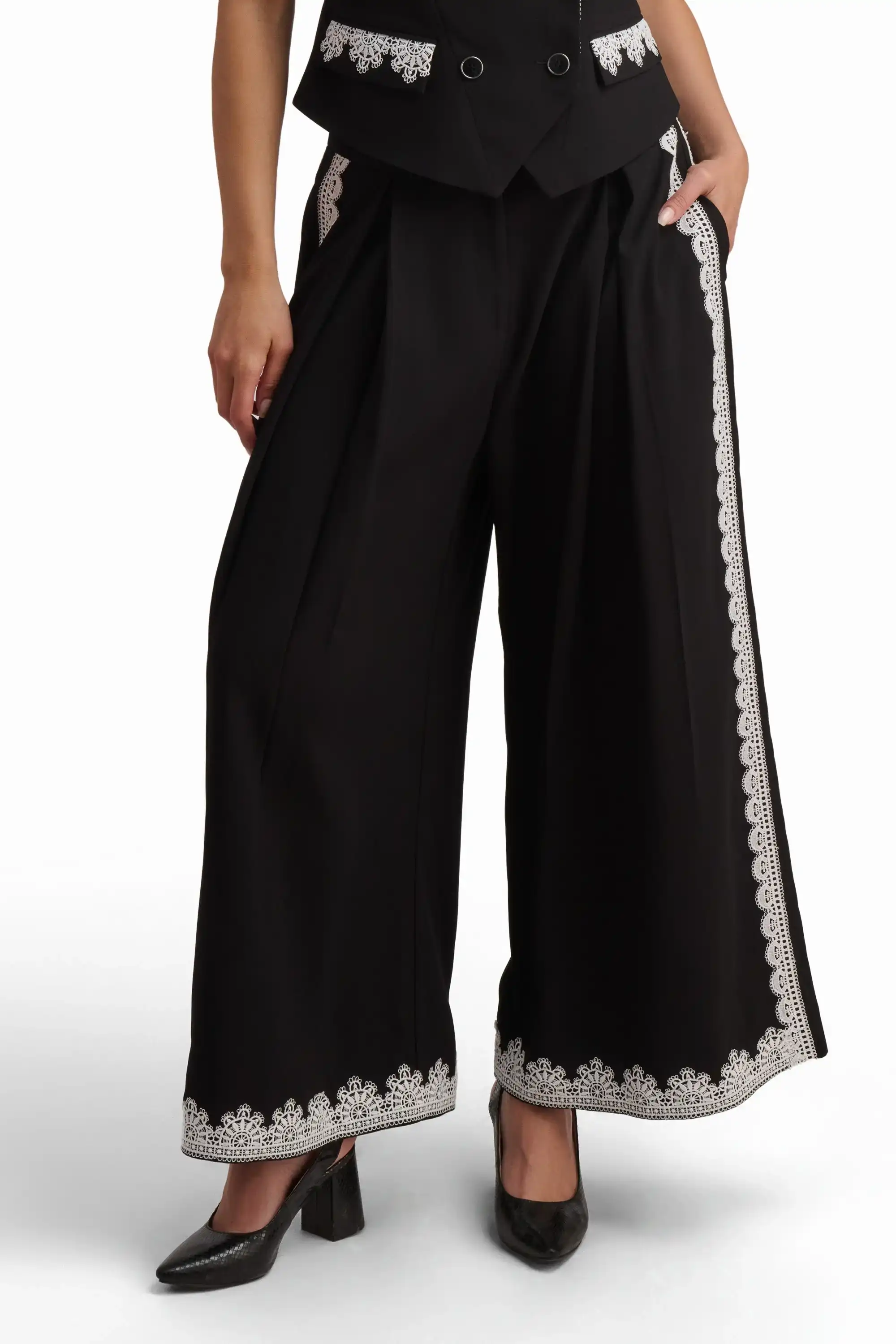 Black Wide-Leg Trousers with Lace Detail - Image 4