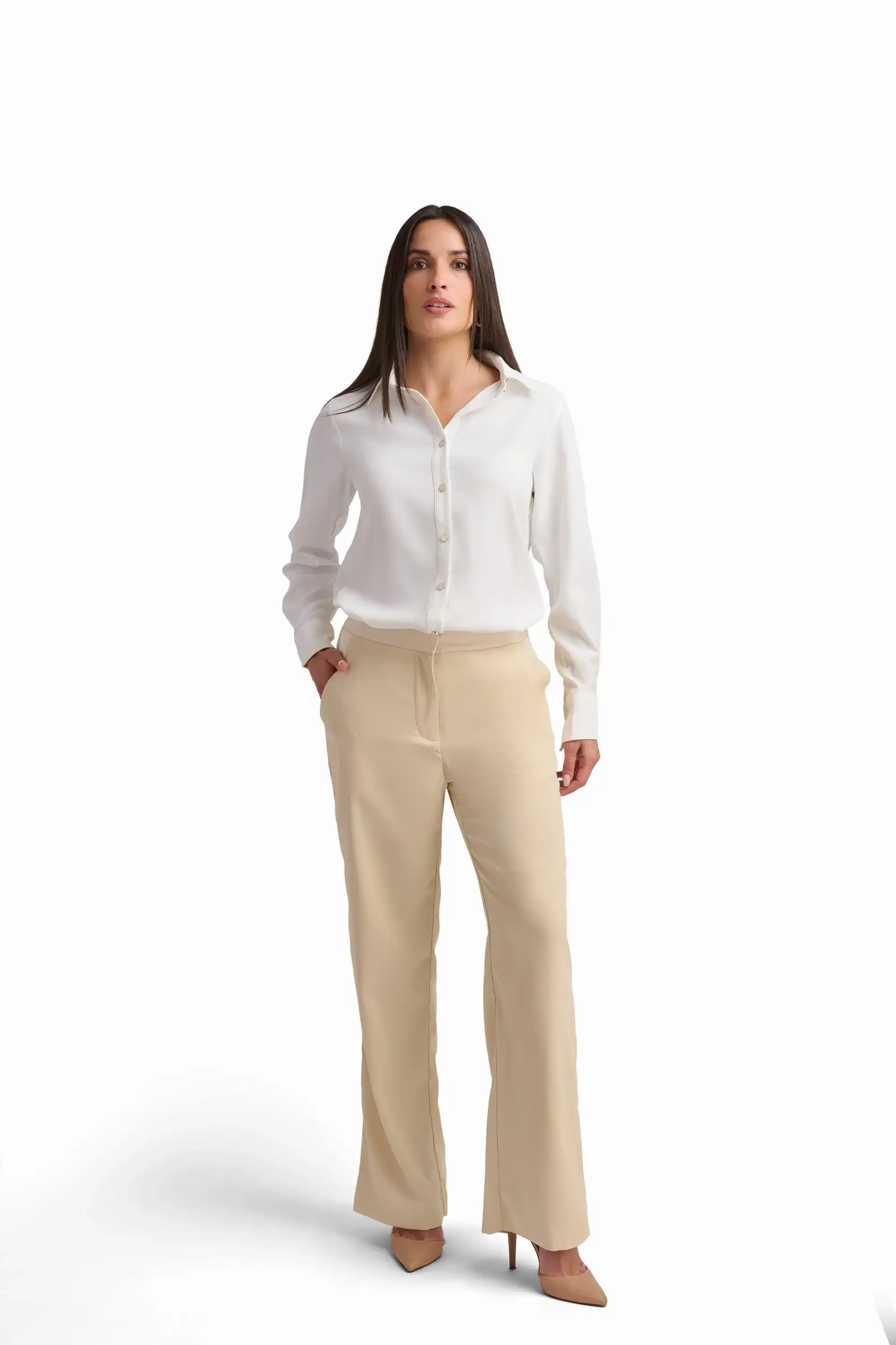Beige High-Waisted Wide-Leg Trousers - Image 2