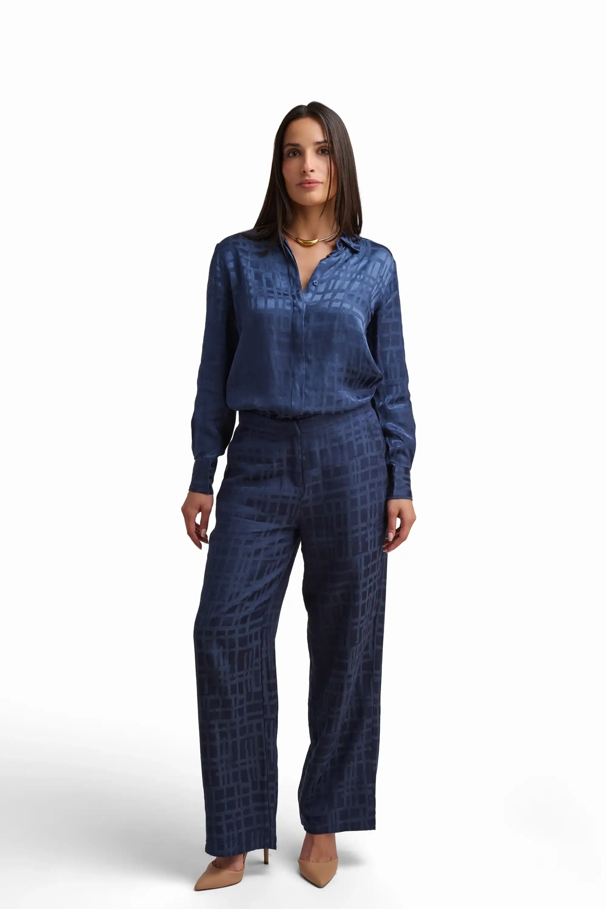 Navy Patterned Linen-Blend Pants