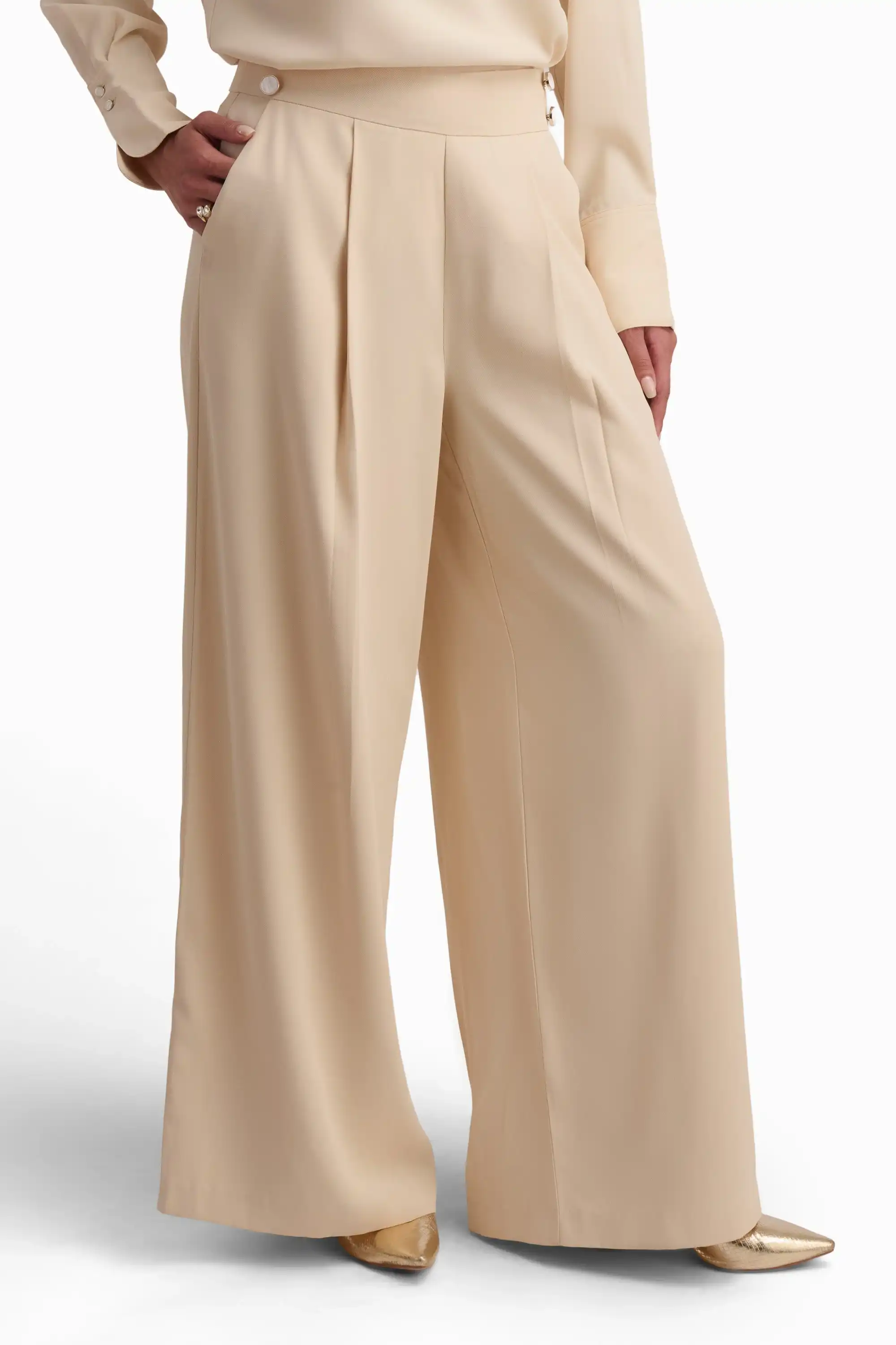 Beige Wide-Leg Pleated Trousers - Image 2