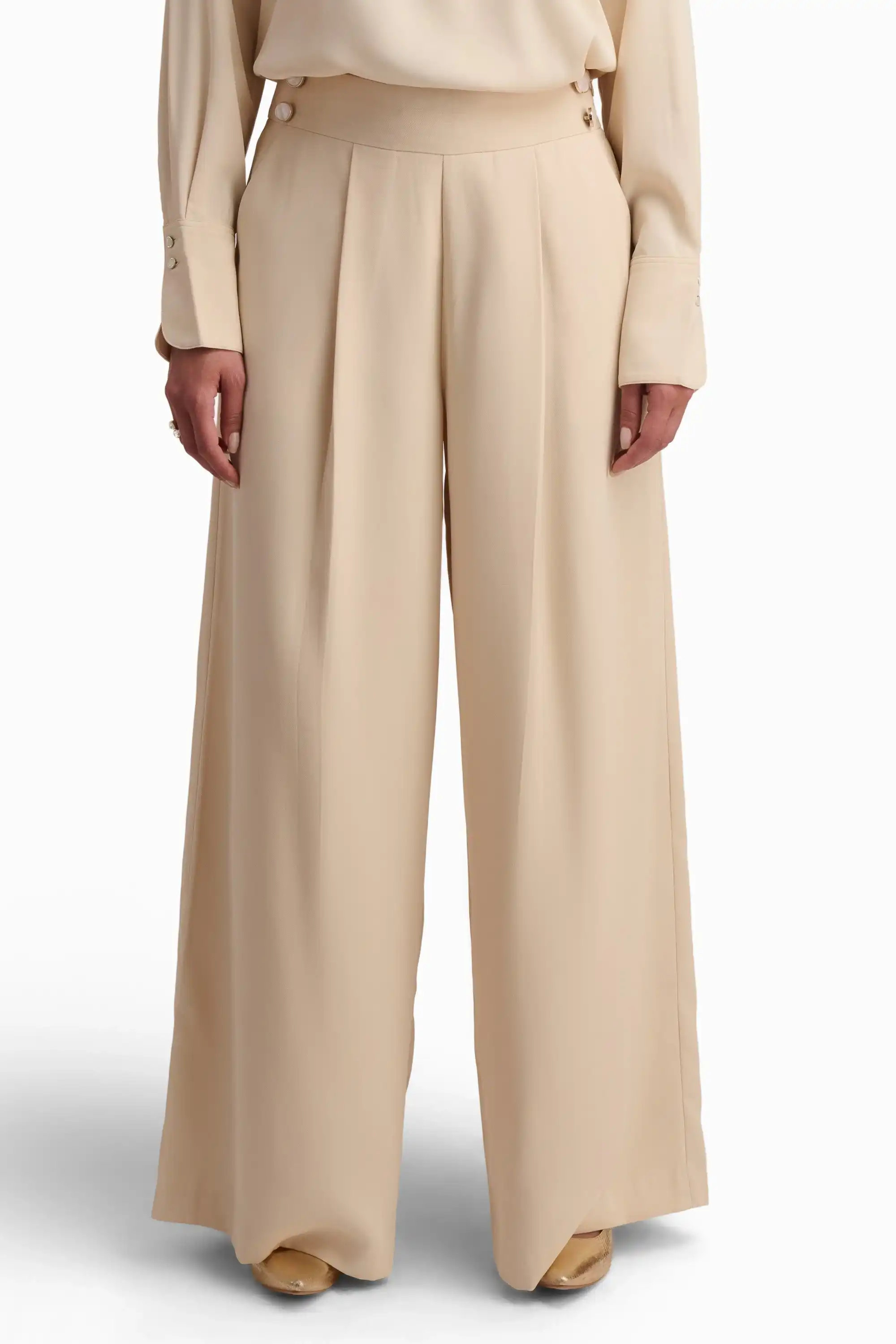 Beige Wide-Leg Pleated Trousers - Image 3