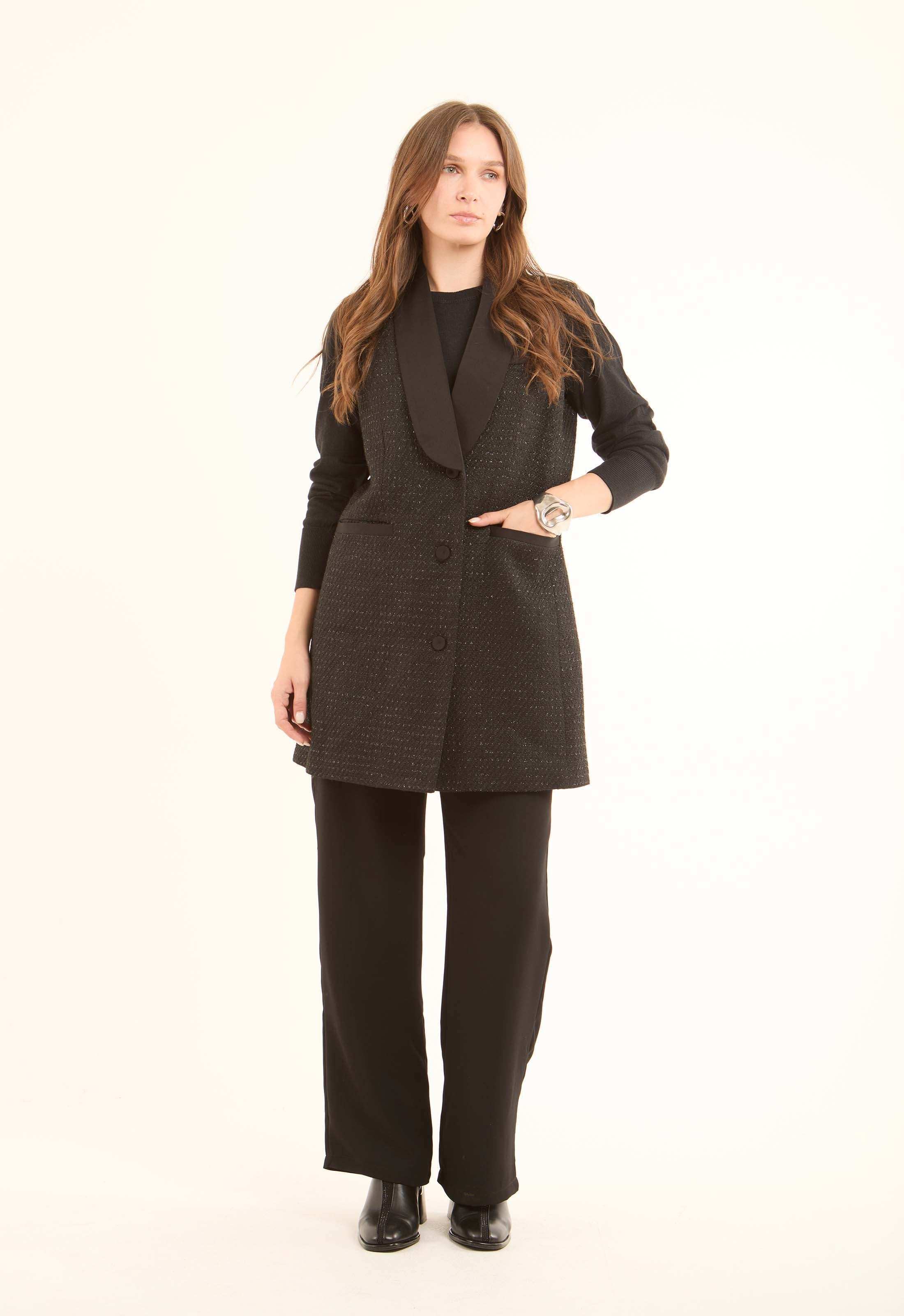 Classic Textured Long Vest with Single Button - Image 4
