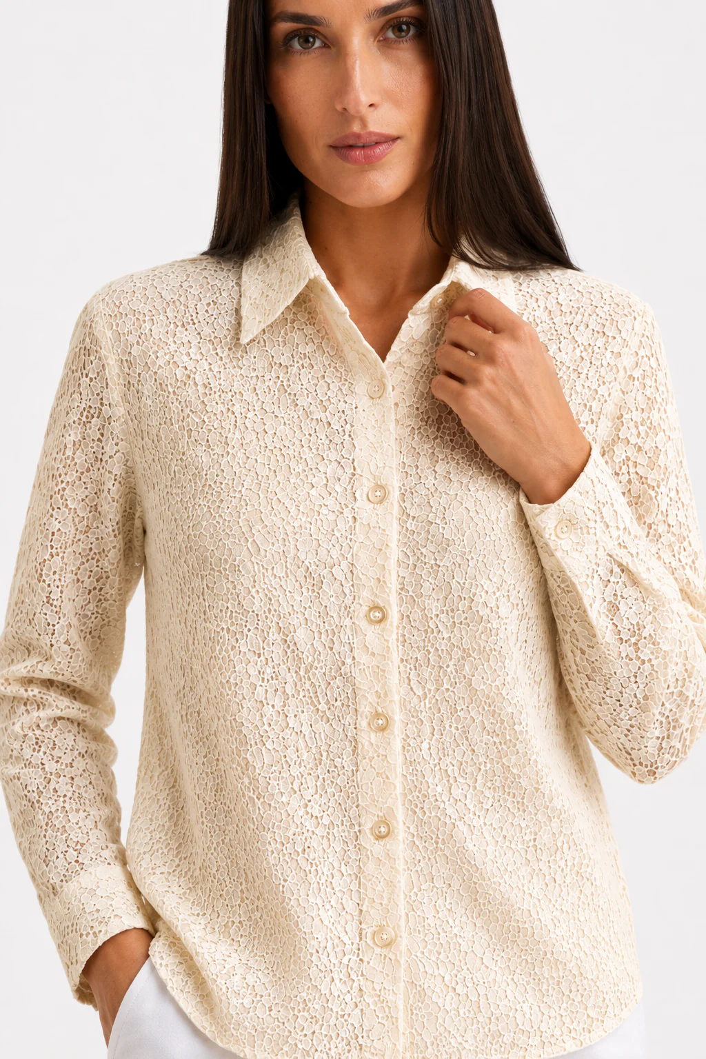 Beige Lace Button Shirt - Image 2