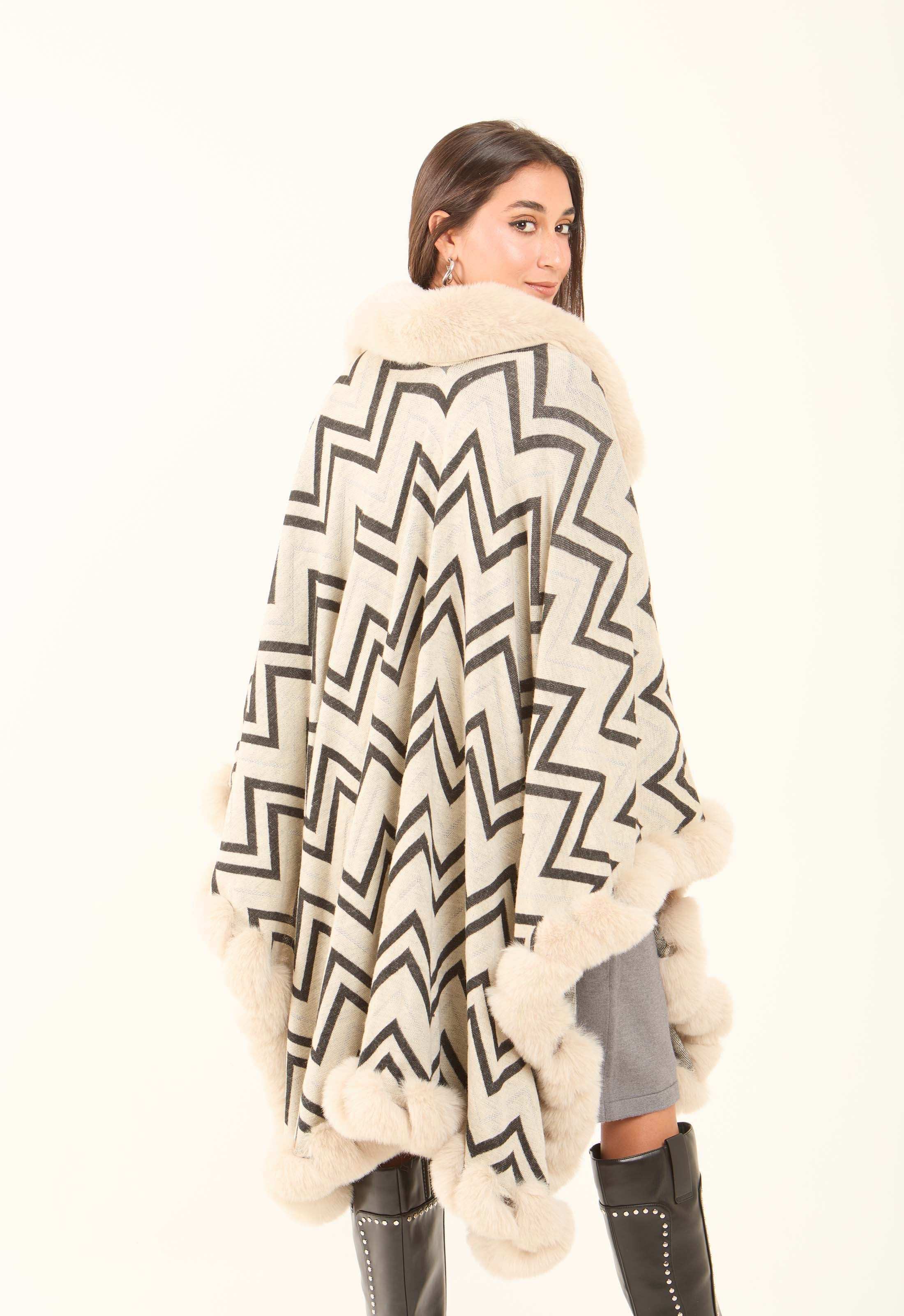 Geometric Pattern Open Neck Winter Poncho - Image 5