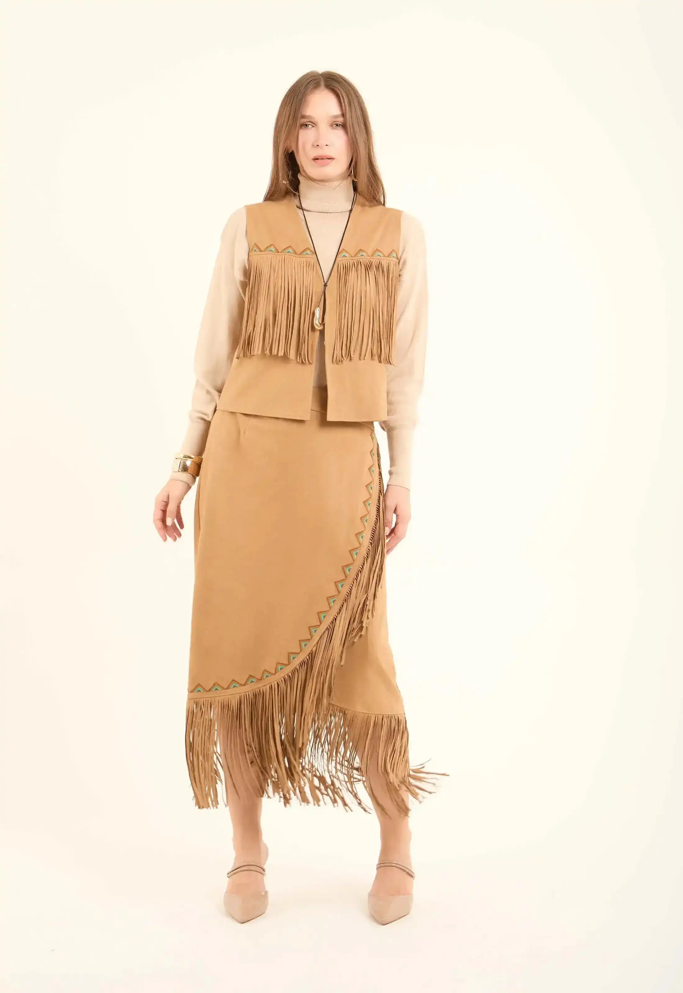 Suede Asymmetrical Skirt with Fringe - Image 2