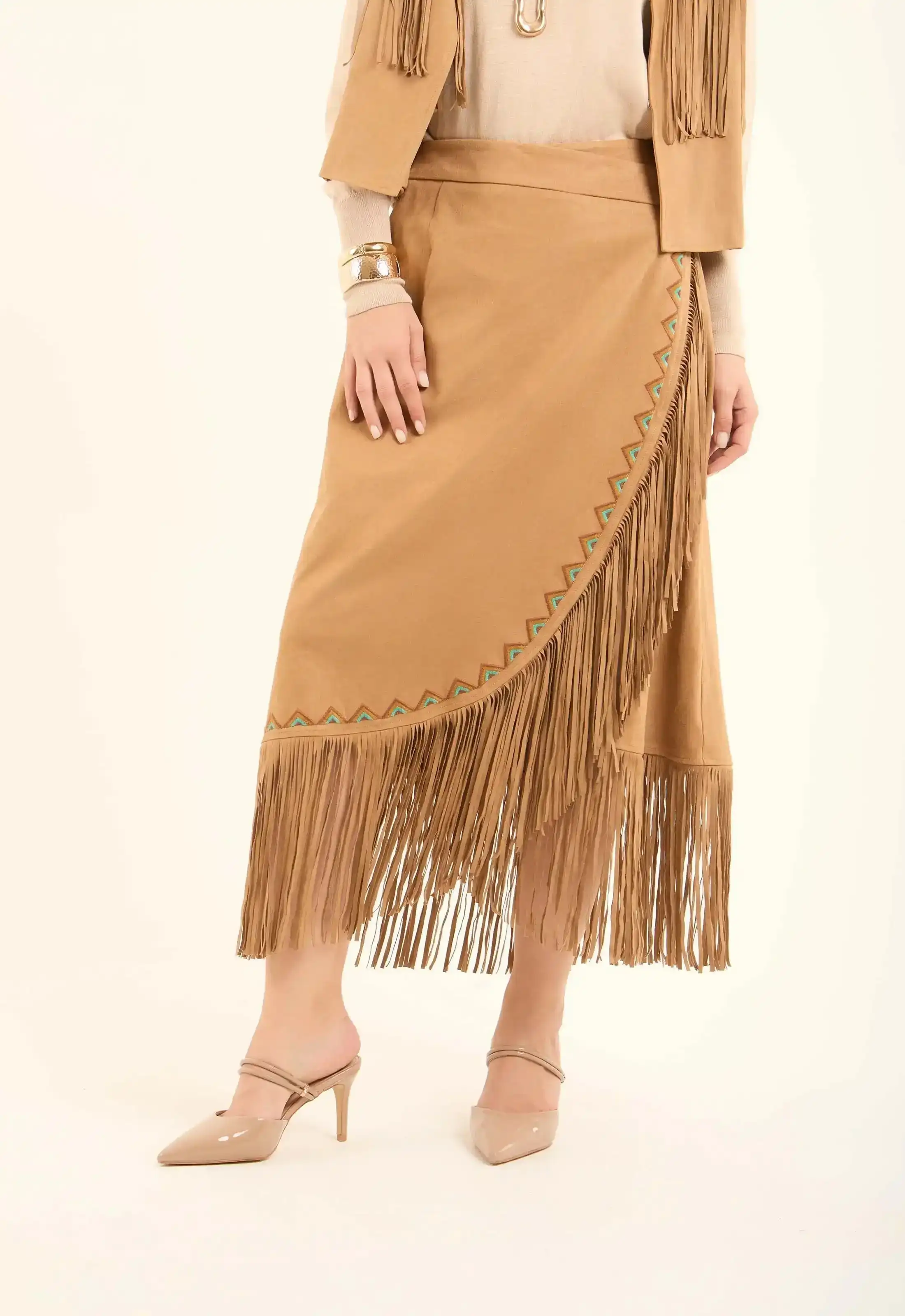 Suede Asymmetrical Skirt with Fringe - Image 3