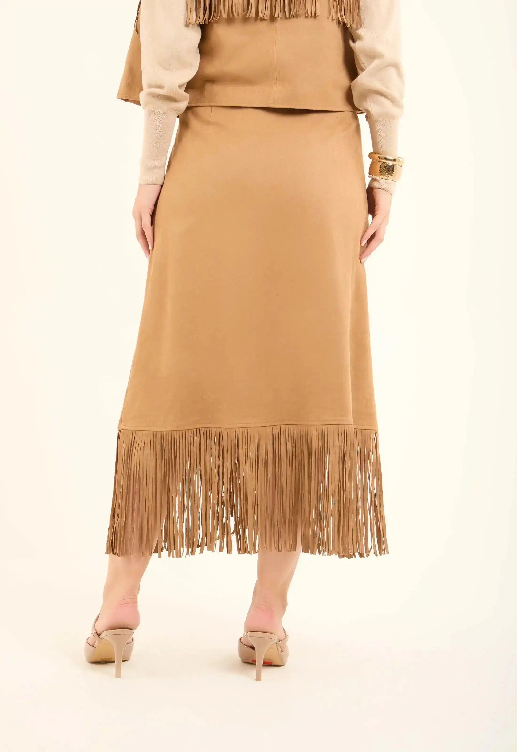 Suede Asymmetrical Skirt with Fringe - Image 5