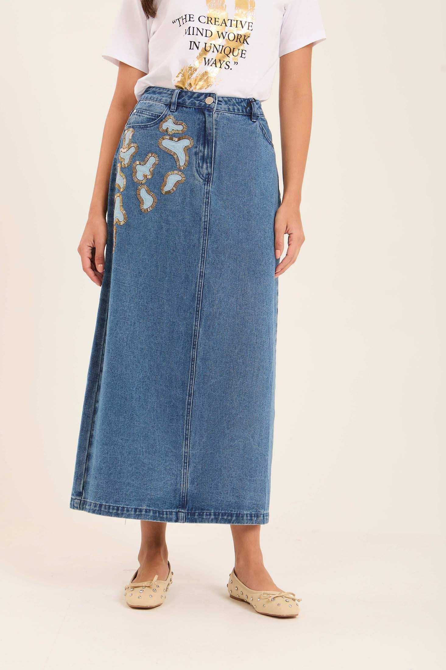Side Stitched Crystal Casual Denim Skirt - Image 3
