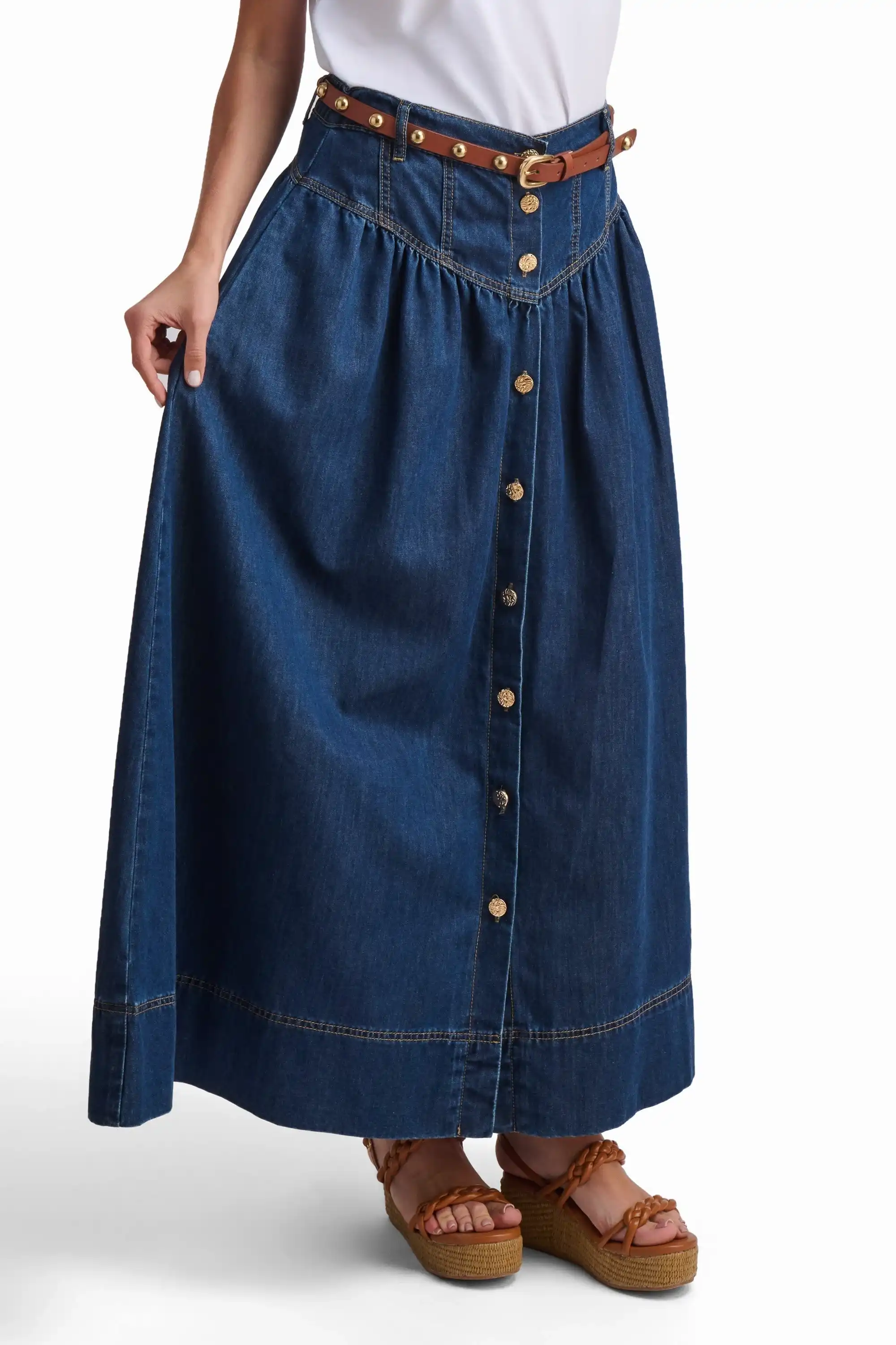 Indigo Button-Front Denim Maxi Skirt - Image 3
