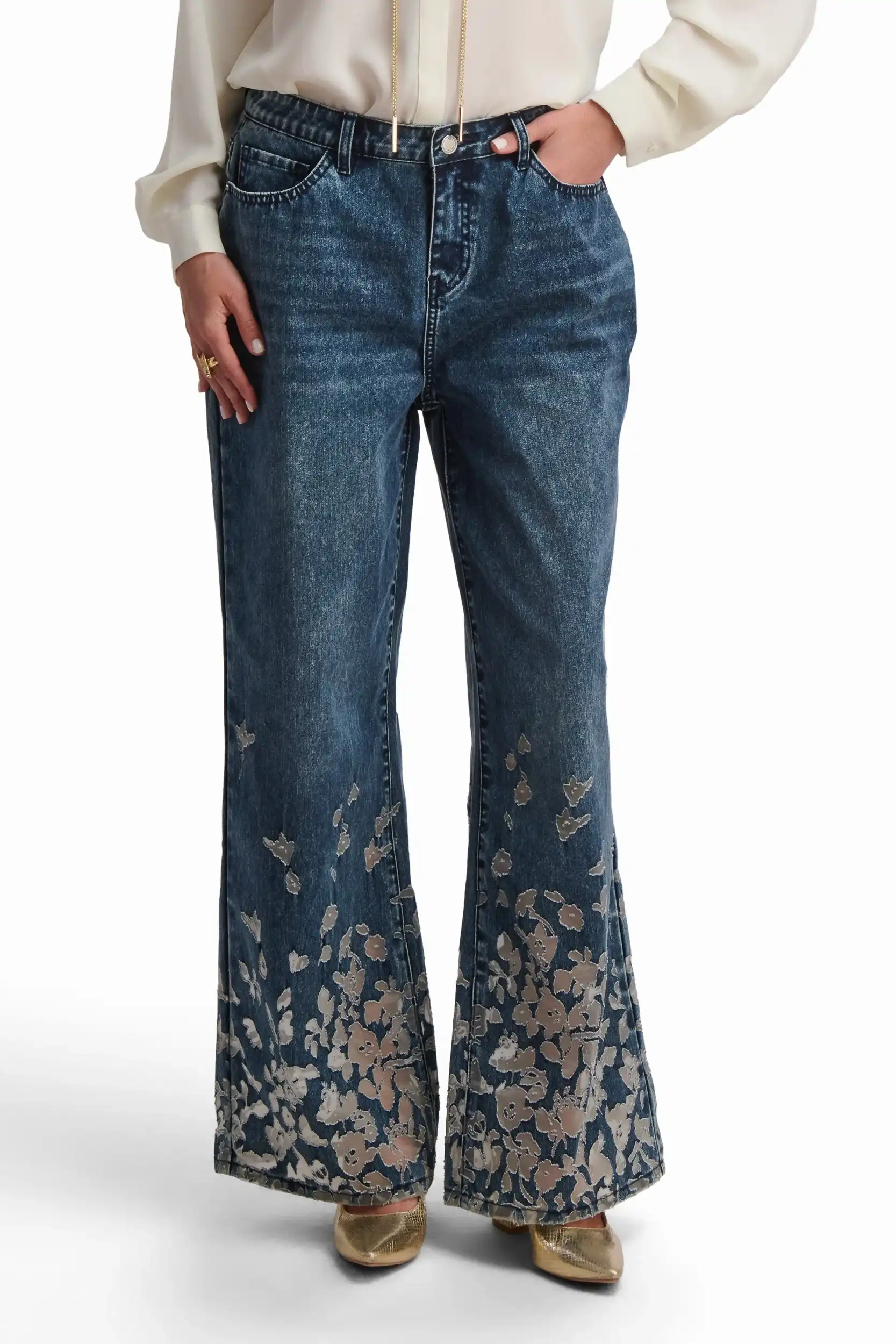 Embroidered Wide-Leg Denim Pants - Image 2